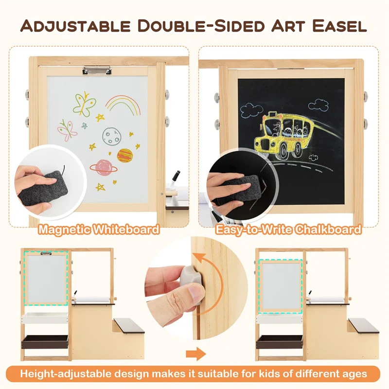 Kids Wooden Art Center Easel with Adjustable Double-Sided Blackboard & Whiteboard, Paper Roll, Toddler Art Table & Chair Set with Storage