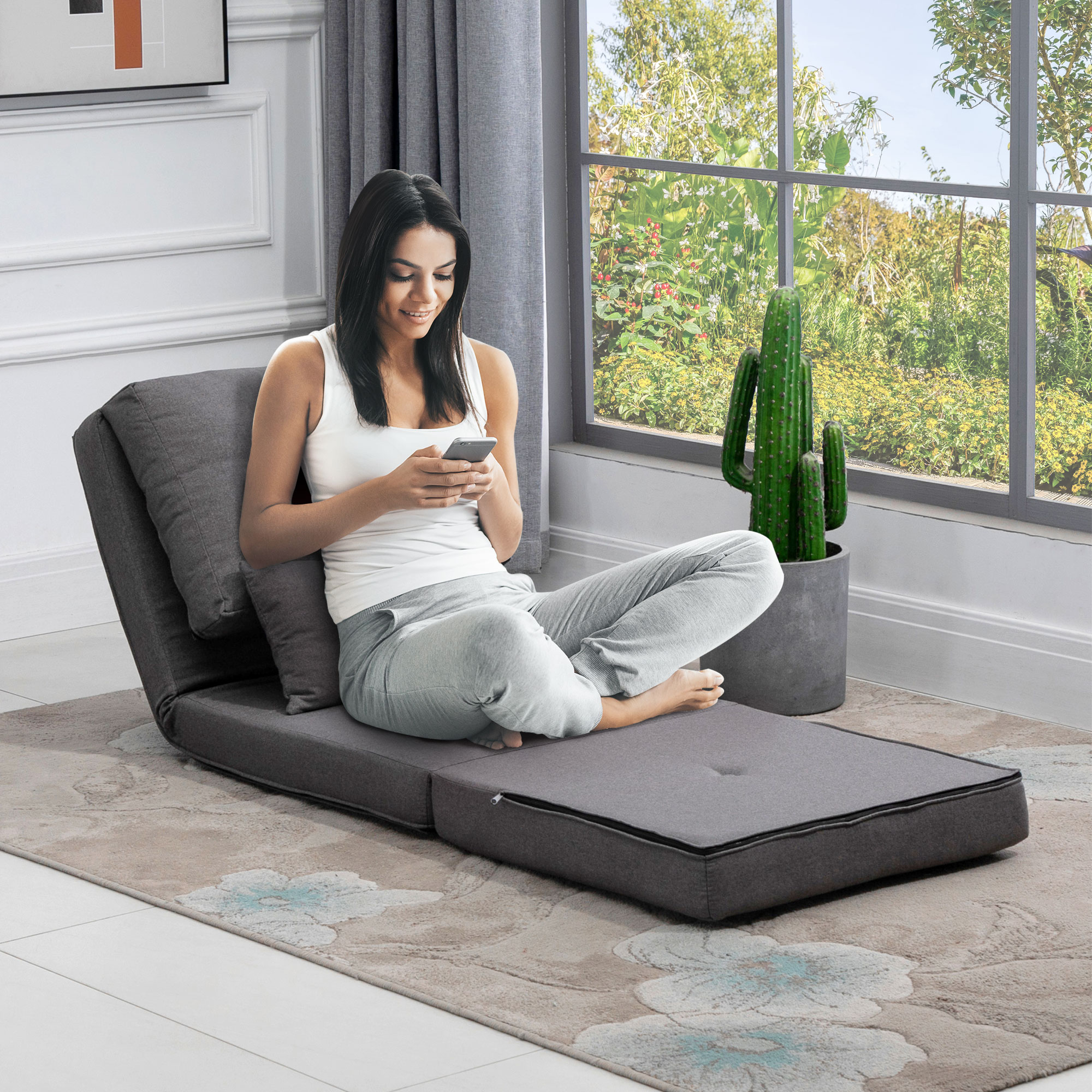 HOMCOM Bodensessel Klappmatratze Schlafmatte, 2-in-1-Design, abnehmbares Kissen, 60 x 80 x 56 cm, Dunkelgrau