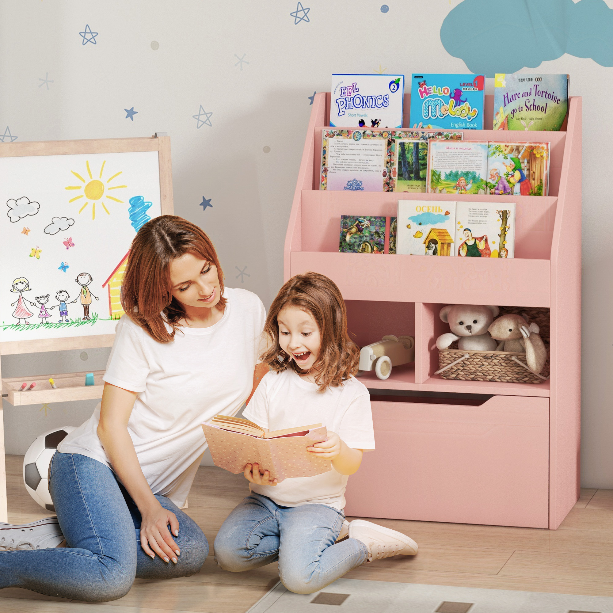 HOMCOM Bücherregal mit Mehrfach-Aufbewahrung 3 Regale 2 Fächer Große Schublade aus Holz Rosa