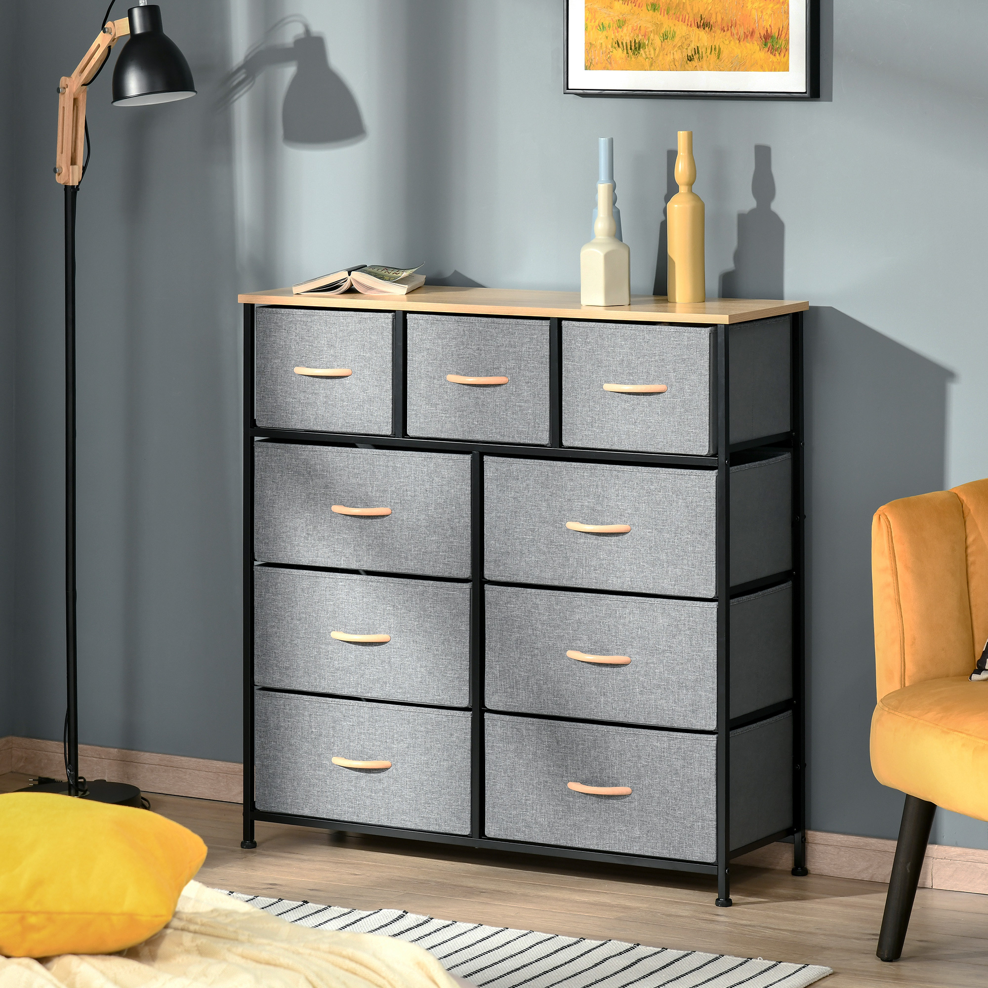 HOMCOM Kommode 9 Schubladen Stoffaufbewahrungsschrank klappbare Schublade - schwarzes Stahlgestell - 100 x 30 x 100 cm, Eiche und Grau
