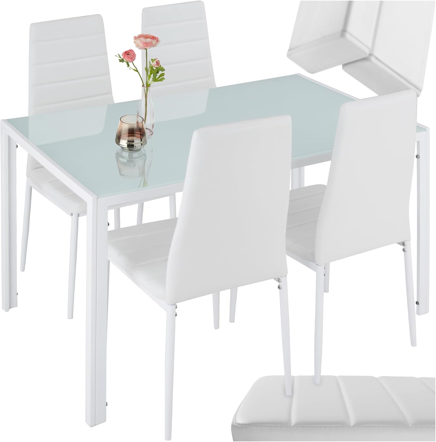 TecTake? Dining Room Furniture Set, 4 Chairs in Durable Faux Leather, Table with Glass Top, Modern Design, Floor Saver Feet, Ideal for Kitchen and Living Room - White