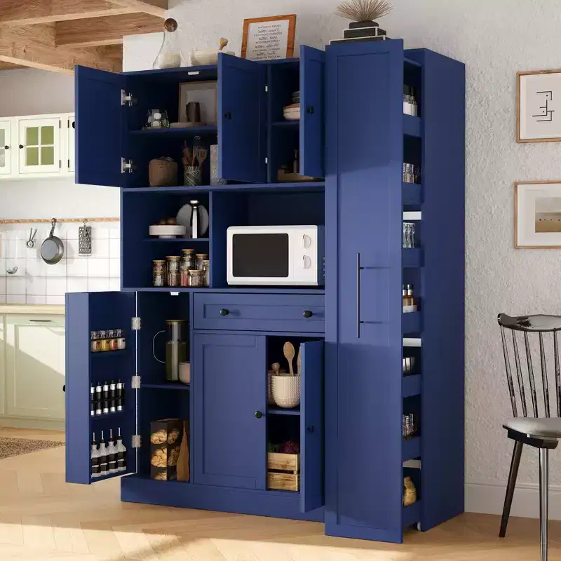 Kitchen Pantry Cabinet with Hutch and Pull-Out Side Cabinet