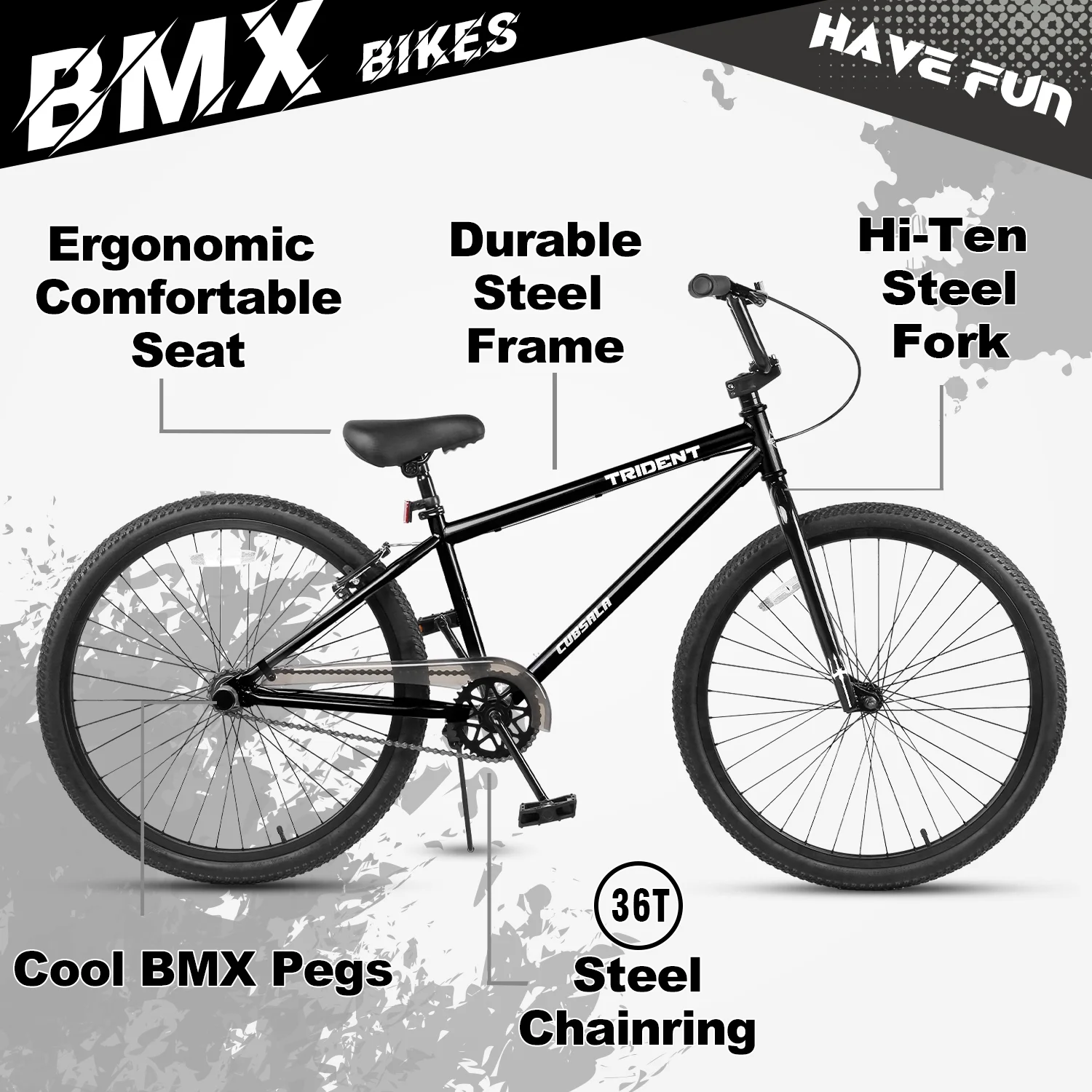 cubsala 24 Inch BMX Race Bike Trident Bicycles Beginner-Level to Advanced Riders with 2 Pegs Trick Cycling and Professional Riding, Black