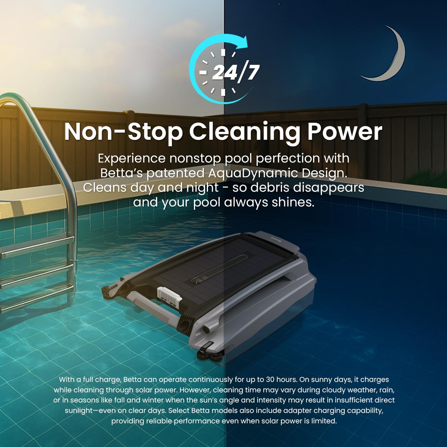 Betta SE Plus - Solar-Powered Robotic Pool Skimmer with 24/7 Continuous Cleaning Power  Dual Charging Options  Twin Salt Chlorine Tolerant Motors  and Shallow Water Safeguard
