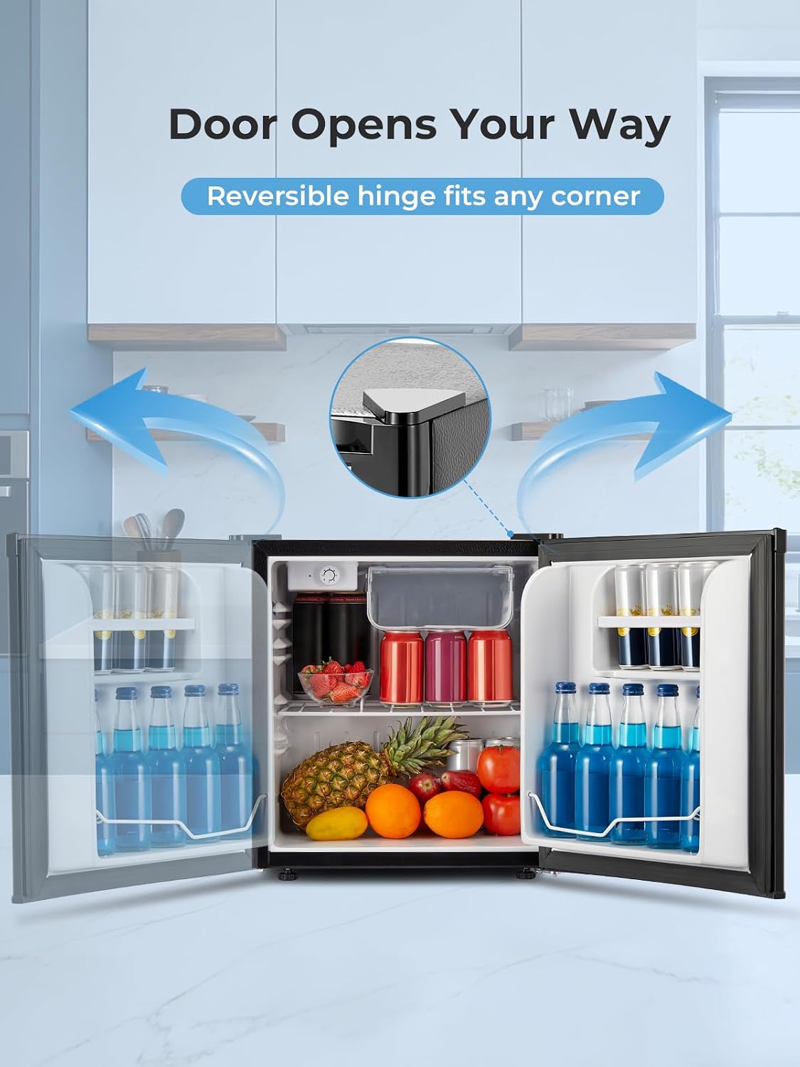 FOHERE Mini Kühlschrank 46L, Kleiner Kühlschrank mit 7-Stufige Kühlung, Energieeffizienter, Superleise, Wechselbarer Türanschlag & Verstellbare Füße, für Hotel, Büro, Kleine Wohnungen,Schwarz