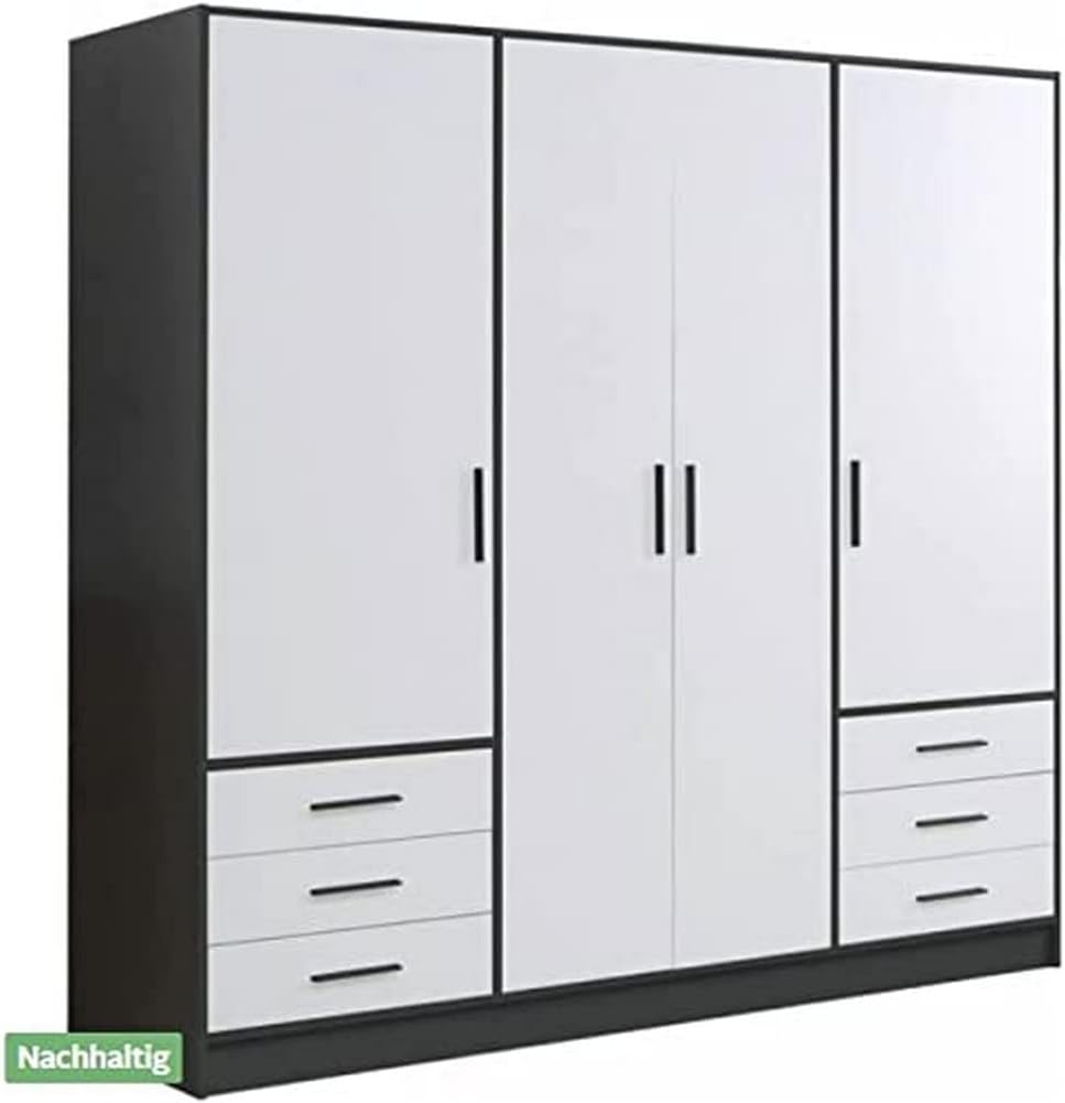 FORTE Jupiter Schrank 200 210, Kleiderschrank, Drehtürenschrank, 4-türig, mit 6 Schubladen und Einlegeböden, Schwarz Weiß, 206.5 cm breit x 60 cm tief x 200 cm hoch
