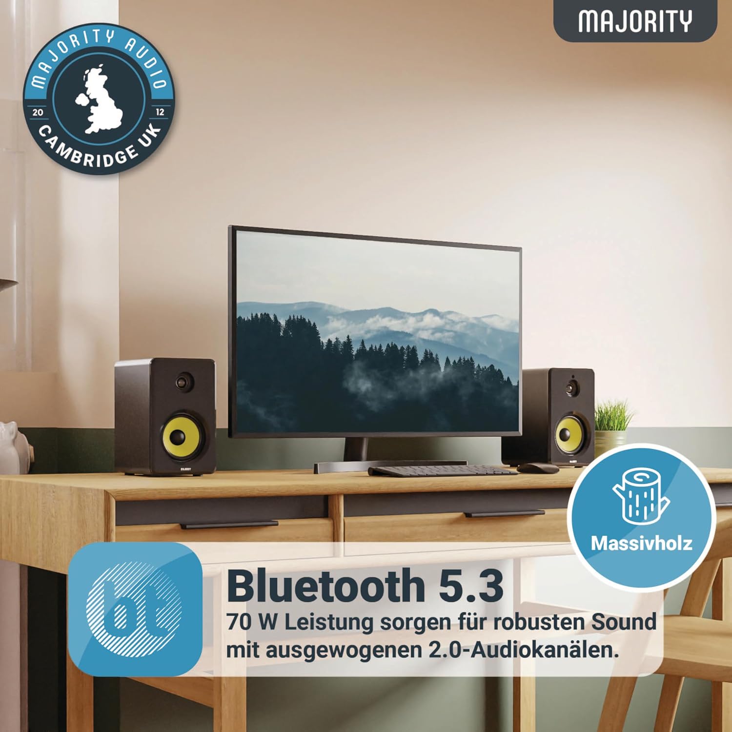MAJORITY D40 Bluetooth Lautsprecher Boxen | 60W 2.0 Aktivlautsprecher | Studio Monitor mit 4-Treiber | Regallautsprecher für HiFi Stereo mit Optischer, RCA-, USB- und AUX-Eingang | Fernbedienung