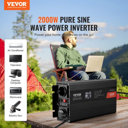 VEVOR Wechselrichter mit reiner Sinuswelle 2000W DC 12V AC 230V Spannungswandler mit 2 AC-Steckdosen 2 USB-Anschlüssen 1 Typ-C-Anschluss LCD-Display und Fernbedienung für mittelgroße Haushaltsgeräte