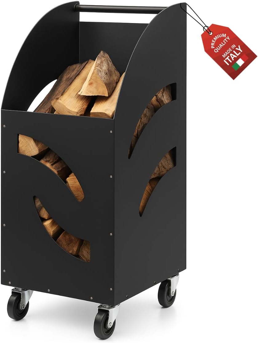 MOHOME Carrello Portalegna da Interno Esterno con Ruote Metallo Spesso Nero Made in Italy Contenitore 80 x 42 x 32 cm Legnaia Manico Ergonomico Ruote Piroettanti Cesto per Ceppi Legno Stufa Camino