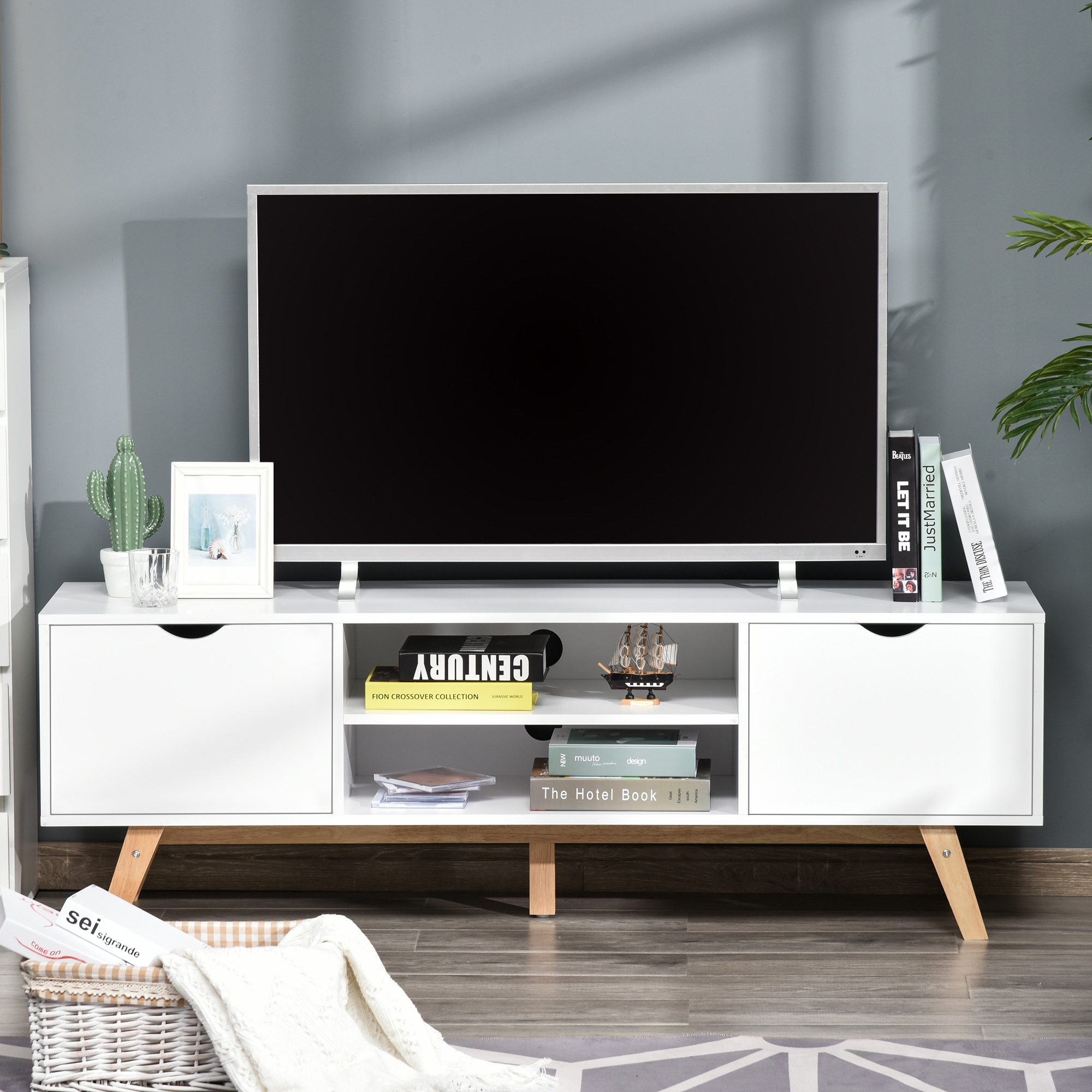 HOMCOM TV Schrank, TV-Kommode, Schrankelement mit Schubladen und Offene Regale, MDF, Weiß, 150 x 39 x 50 cm