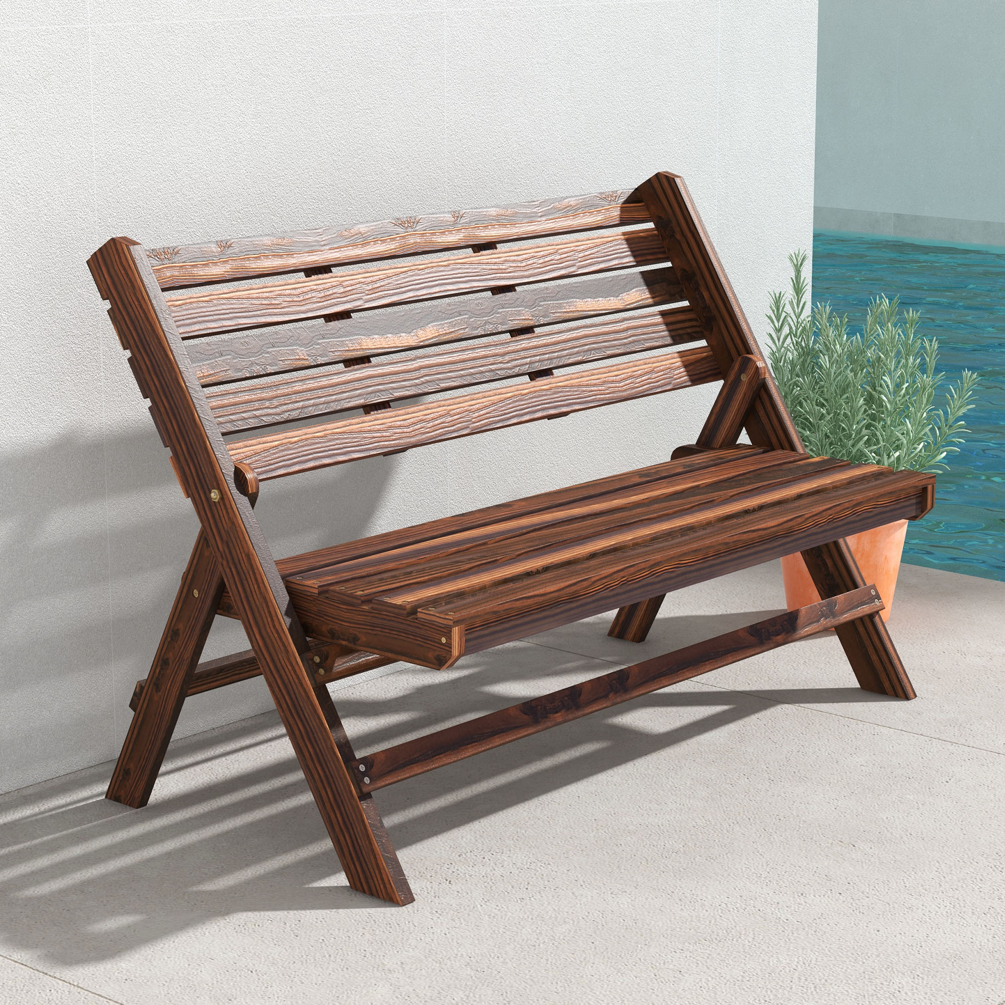 Outsunny Gartenbank für 2 Personen, rustikales Design, klappbar, Naturholz, 122 x 63 x 83 cm, karbonisierte Oberfläche