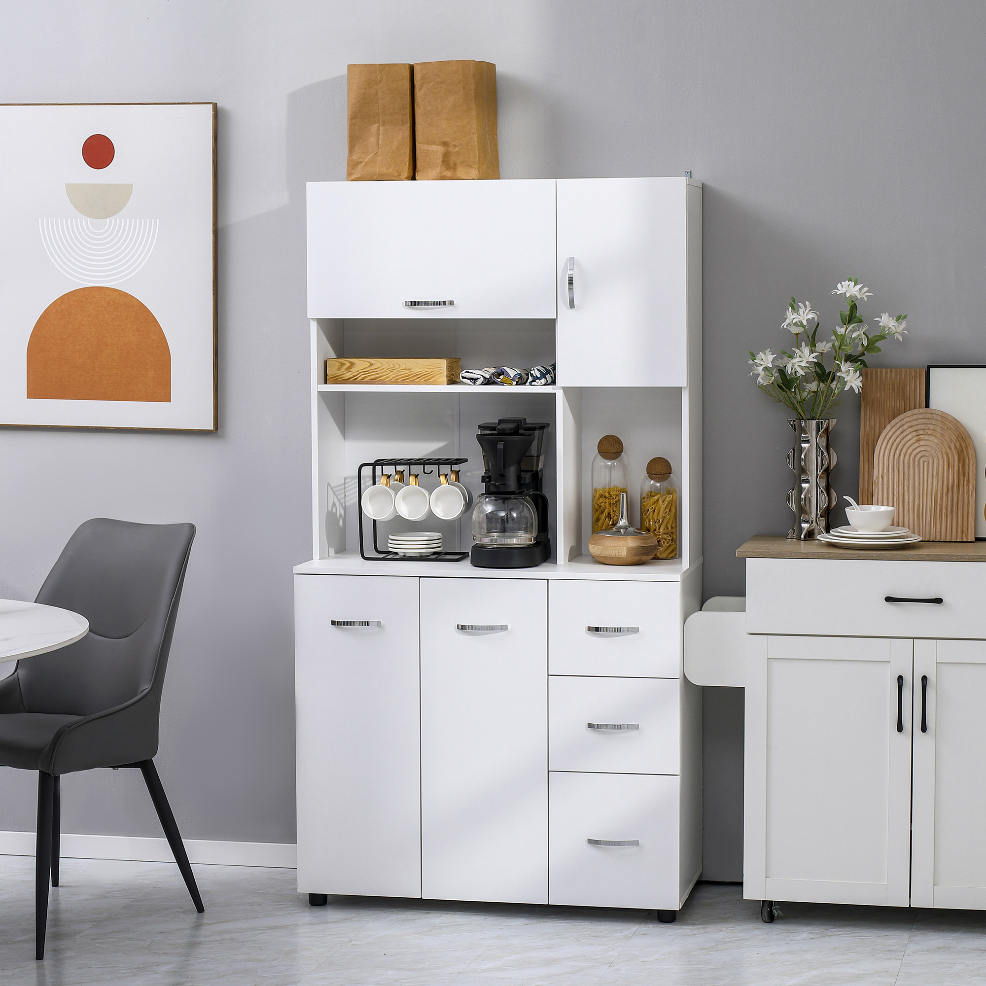 HOMCOM Küchenschrank mit 3 Schränken, 1 Regal und 3 Schubladen, wasserabweisend 89 cm x 39,5 cm x 168 cm, Weiß