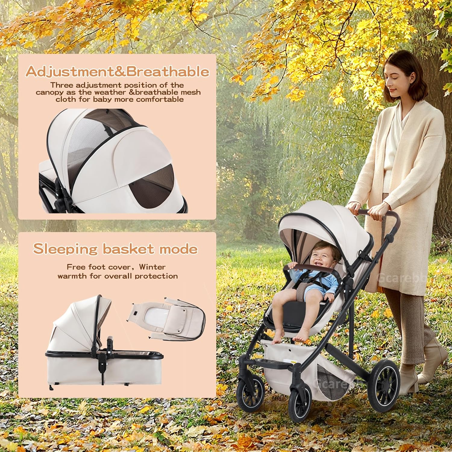 Gcarebb 3 in 1 Kinderwagen, Buggy Mit Auto Babyschale, Mit Höhenverstellbarer Kinderwagen Komplettset, KombiKinderwagen Mit Aluminiumrahmen für Neugeborene 0-4 Jahre