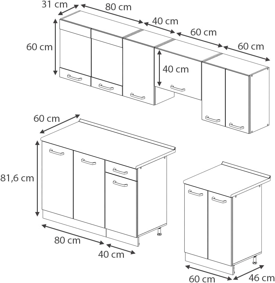 Vicco Cucina componibile Raul, Bianco, 240 cm, PL Marmo con striscia LED