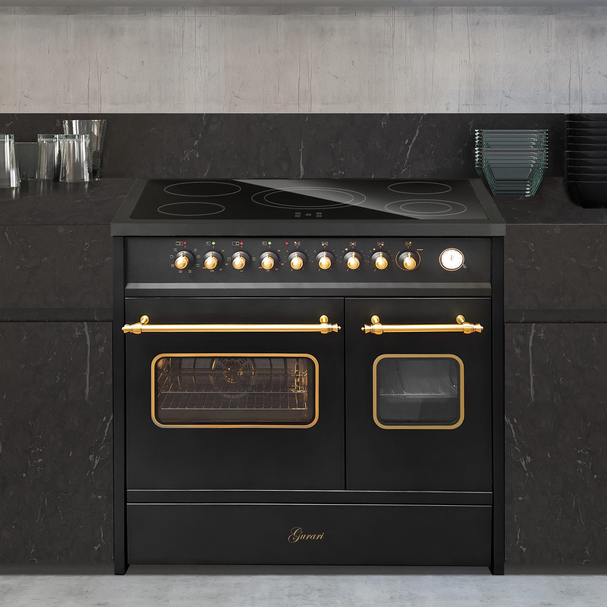 Elektro-Standherd 90 cm, Doppelbackofen, Schwarz, Nostalgie Herd GCH E 912 DF BL r.