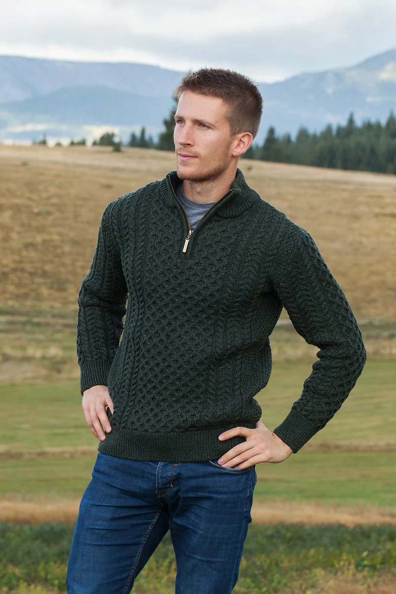 Men's 1/4 Zip Aran Sweater - Army Green