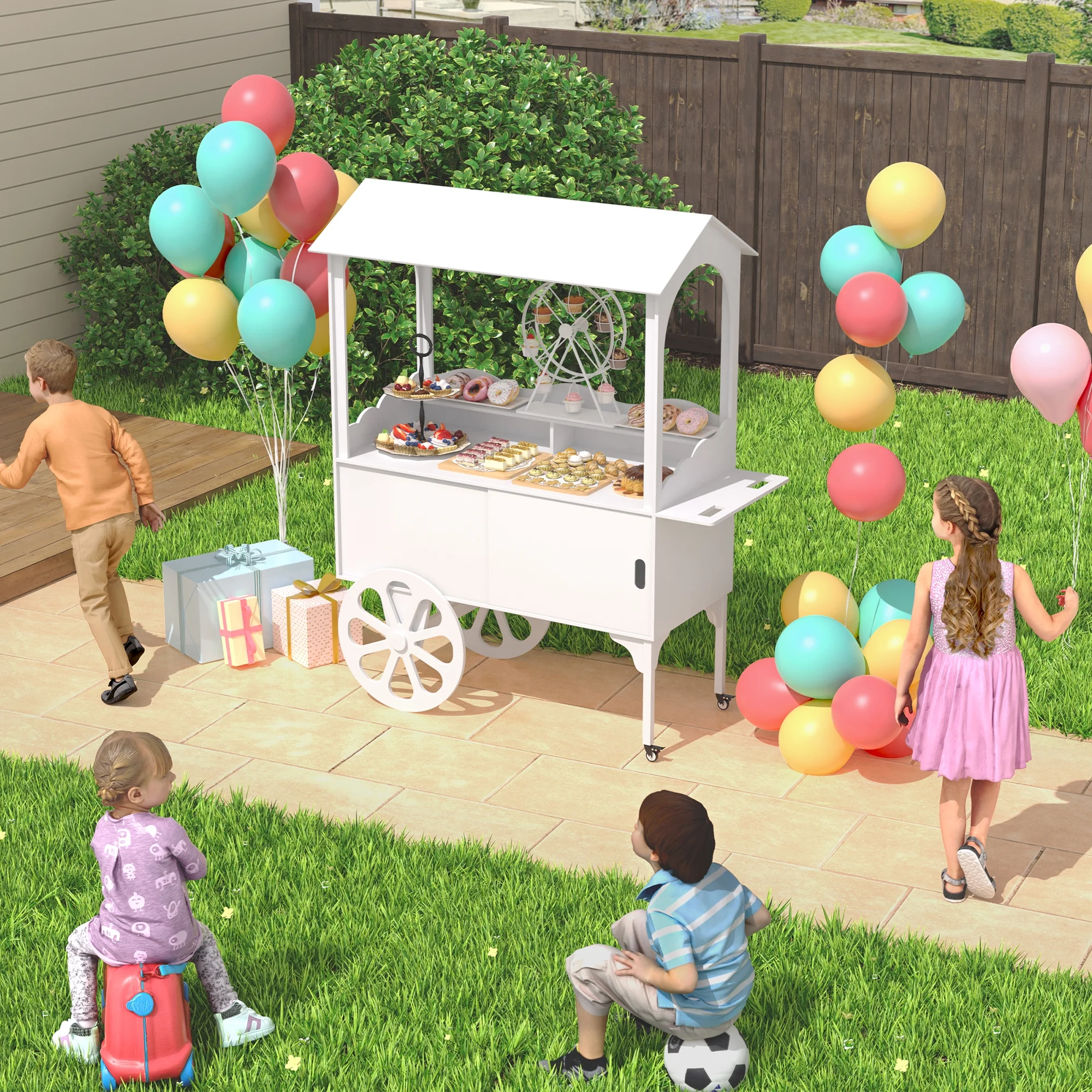 Candy Cart with Wheels for Party，Wood Dessert Cart with Storage Cabinet