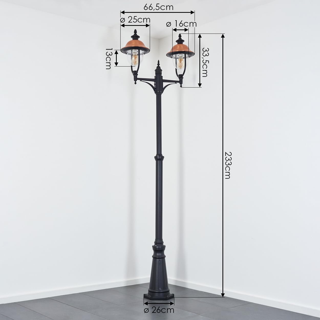 HOFSTEIN Kandelaber Gascon, Außenwegeleuchte aus Metall/Kunststoff in Schwarz/Kupfer/Klar, verstellbare Wegeleuchte im Vintage/Antik/Landhaus-Design für Garten, Außenbereich, Hof, 233cm, 2 x E27, IP44