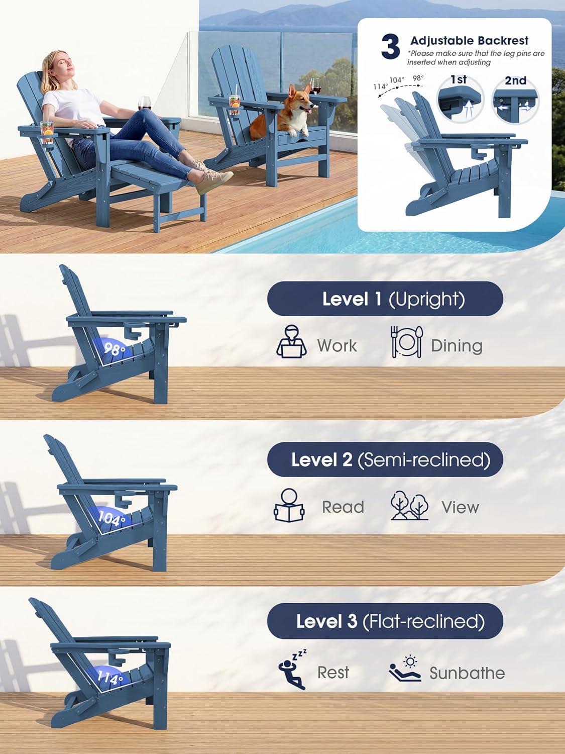 KINGYES Folding Adjustable Adirondack Chair with Retractable Ottoman  HDPE Recliner Adirondack Chair with Cup Holder  Blue