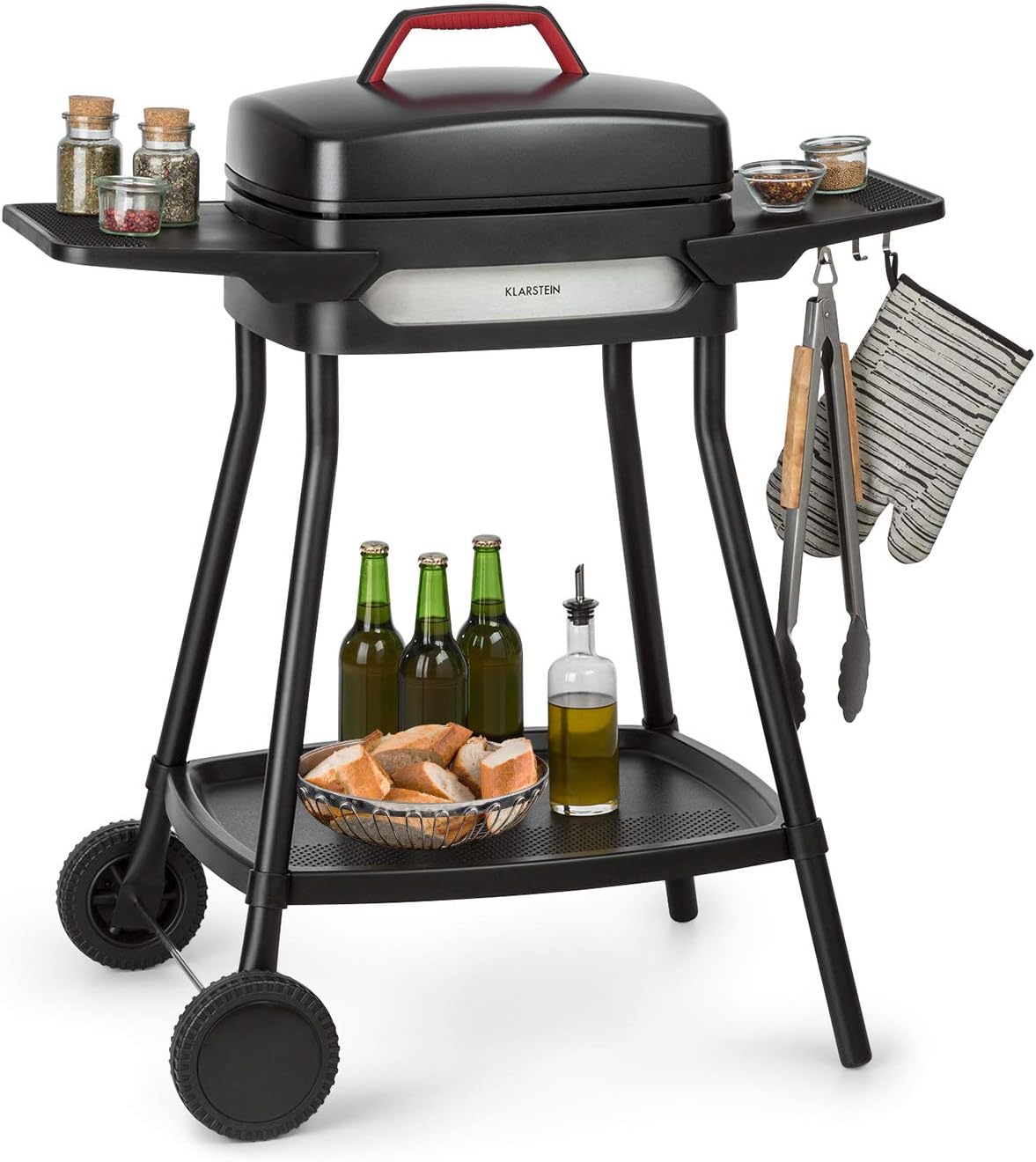 KLARSTEIN Gatsby - Grill Elettrico, 2000W, EasyGrill Concept, Piastra: 40x36 cm in Alluminio Pressofuso Antiaderente, Tavoli Laterali: 20 x 32 cm, Termostato, Ruote, Nero