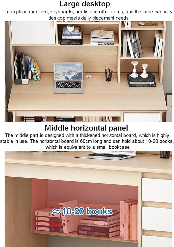 Moderna Scrivania in Legno con Cassetti，Scrivania da Lavoro con Cassettiera per casa e Ufficio con Ripiano Portaoggetti e Libreria per Computer in l(Size:120x45x165cm,Color:Bianco)
