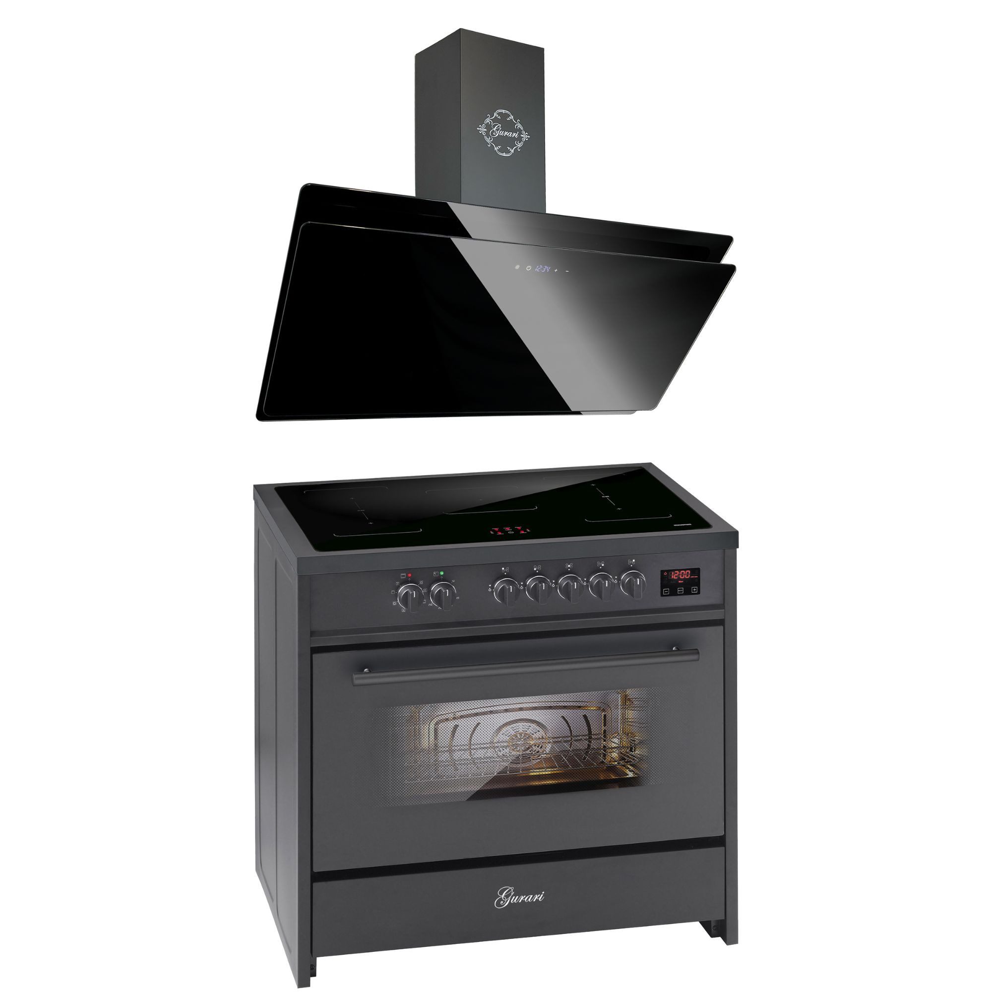 Induktions Herd-Set Range Cooker 90 cm, 5 Zonen, 121L+Dunstabzugshaube 90 cm E 913 BL+GCH S 411 90 BL PRIME N.