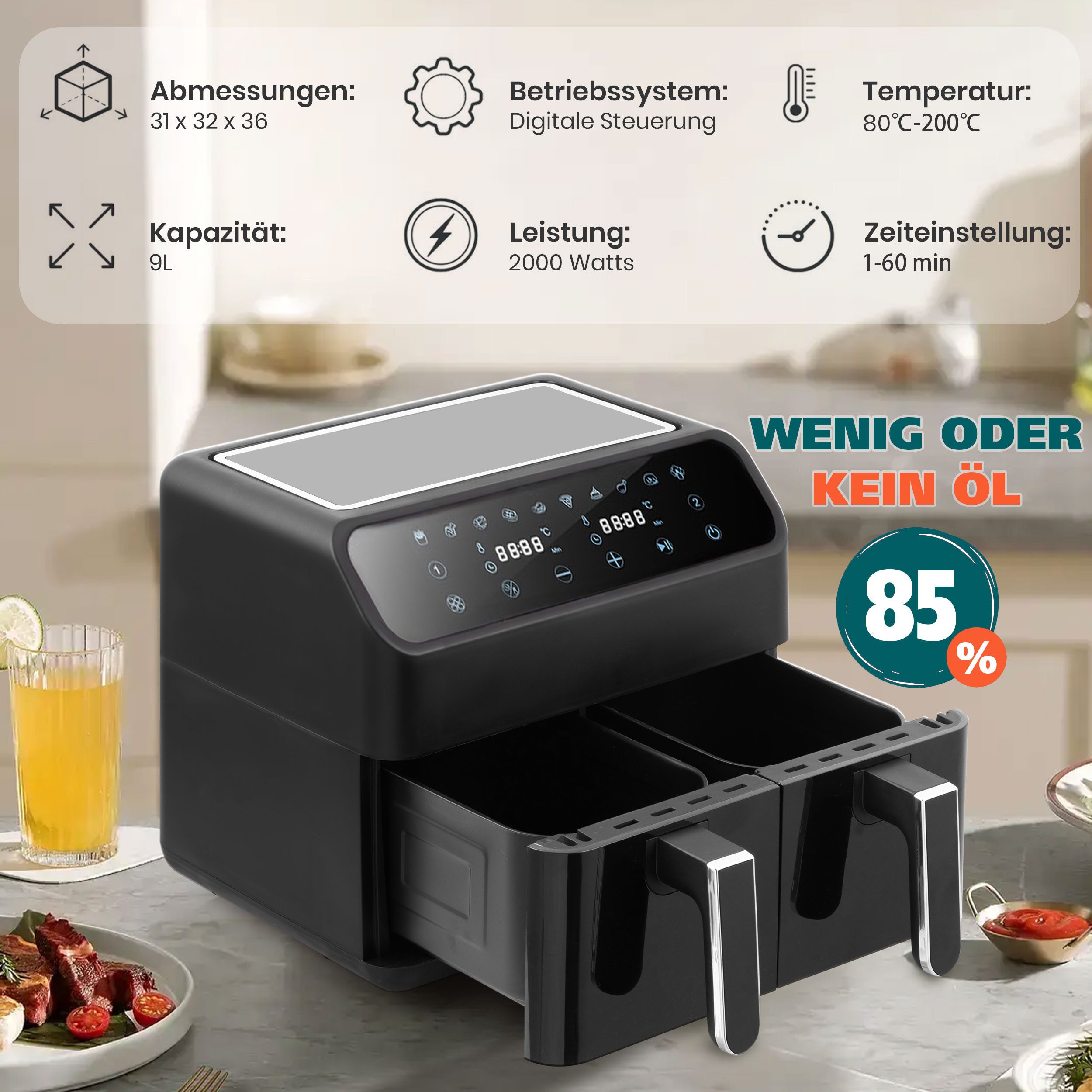 Heißluftfritteuse 9L Heissluftfritteuse, XXL Airfryer mit Doppelkammer, duale Zonen