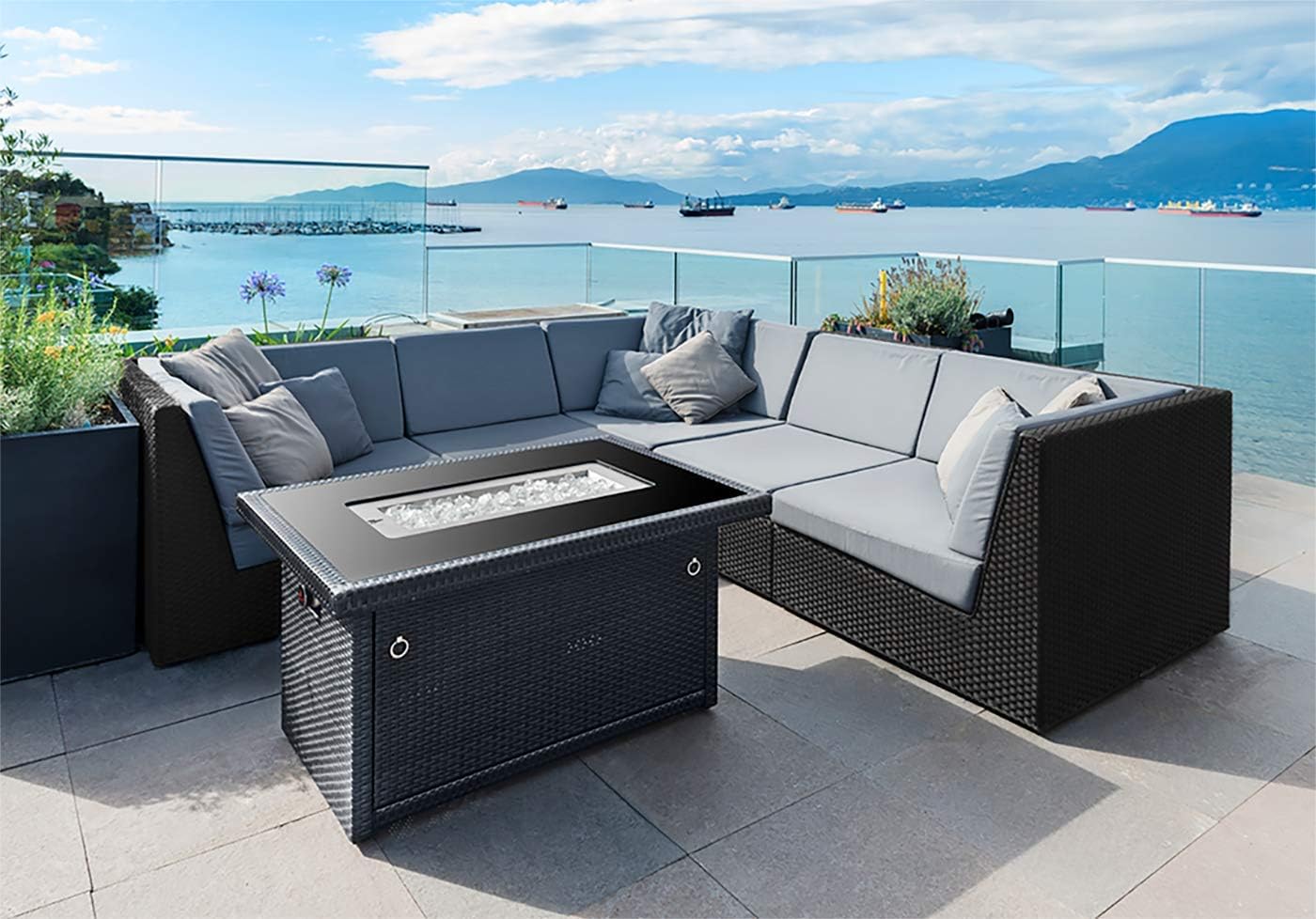 Outland Living Series 403 Fire Table �C 44" 50,000 BTU Outdoor Propane Gas Fire Pit Table with Tempered Glass Top & Arctic Ice Decorative Glass Rocks, Slate Grey