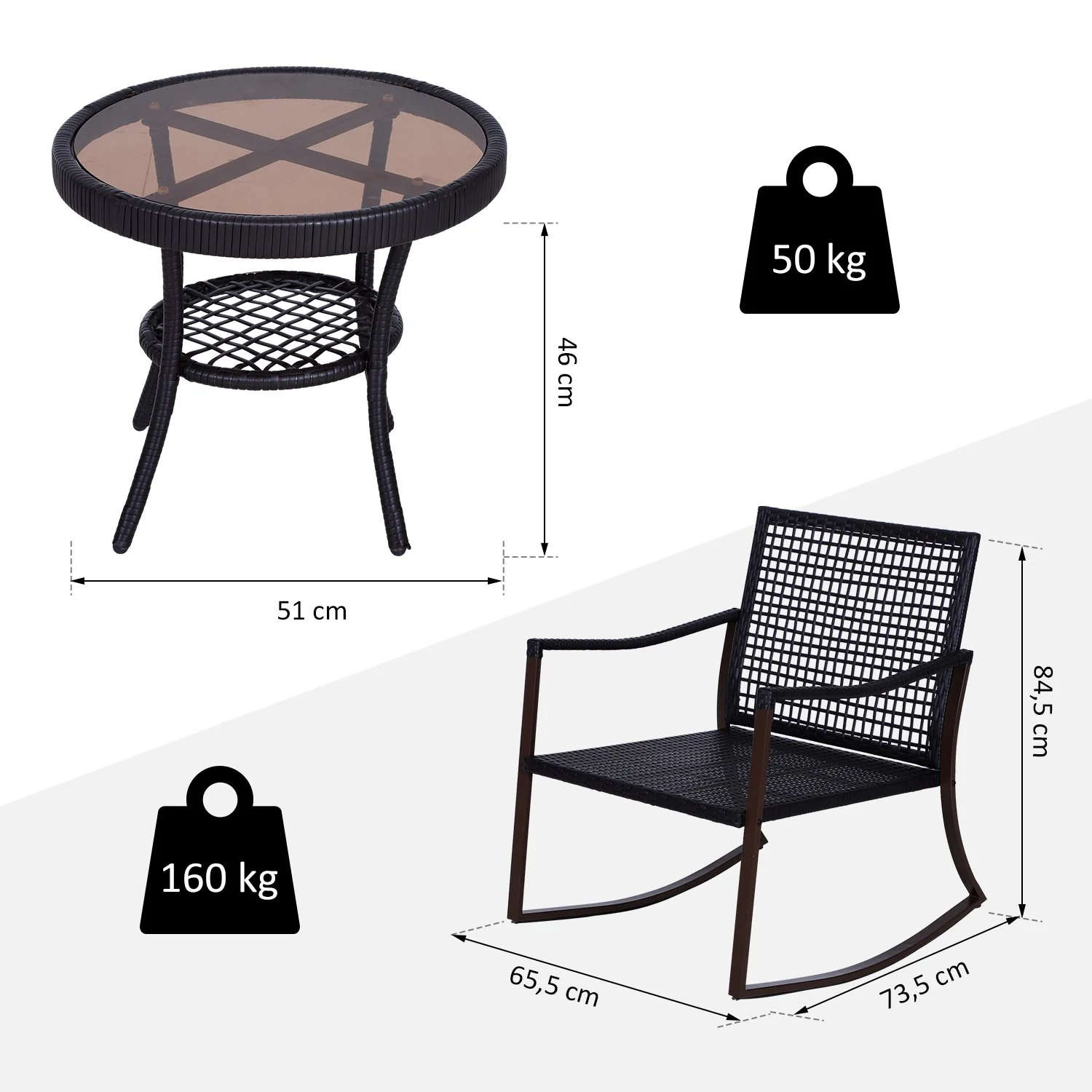 Easycomfort Set 2 Sedie a Dondolo da Giardino con Tavolino con Cuscini Esterno Rattan Marrone