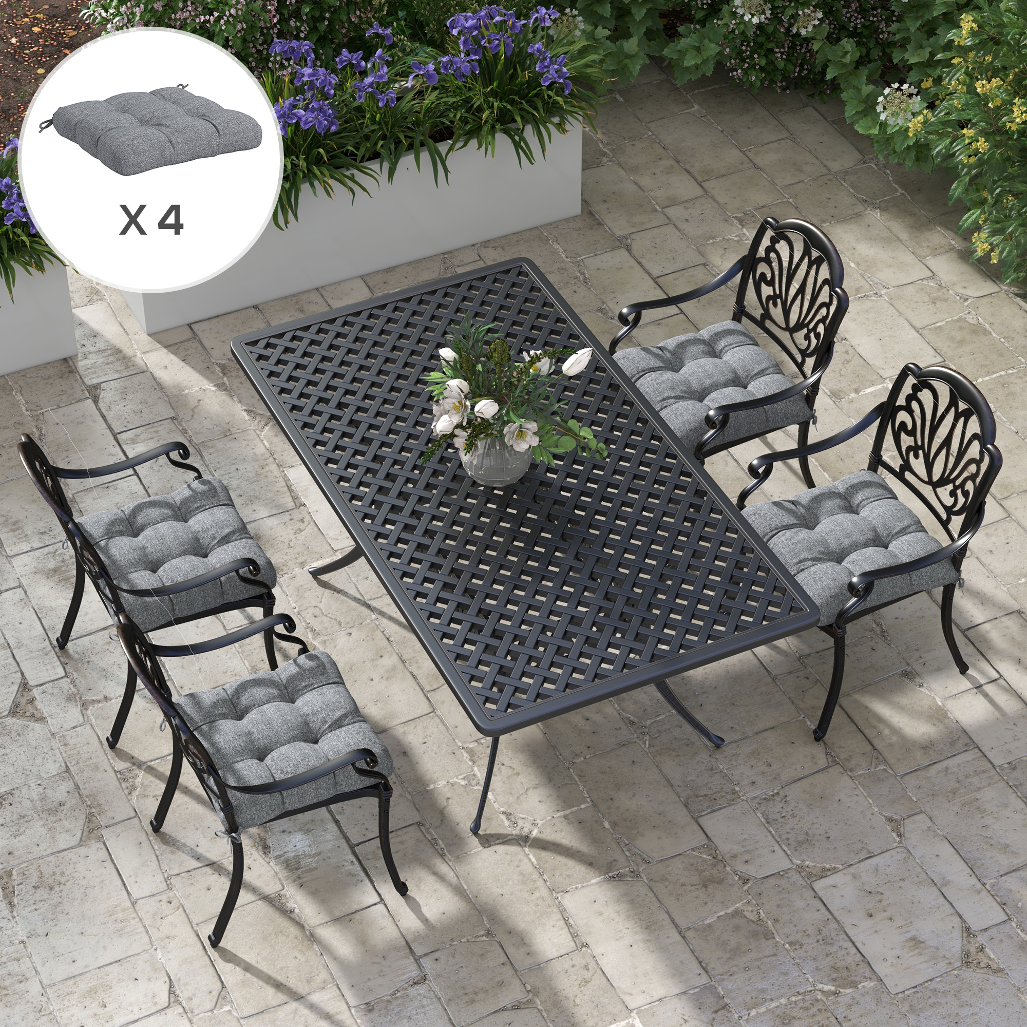 Outsunny Set mit 4 Gartenstuhlkissen, Gesteppte Außenkissen, dim. 48L x 48B cm Grau