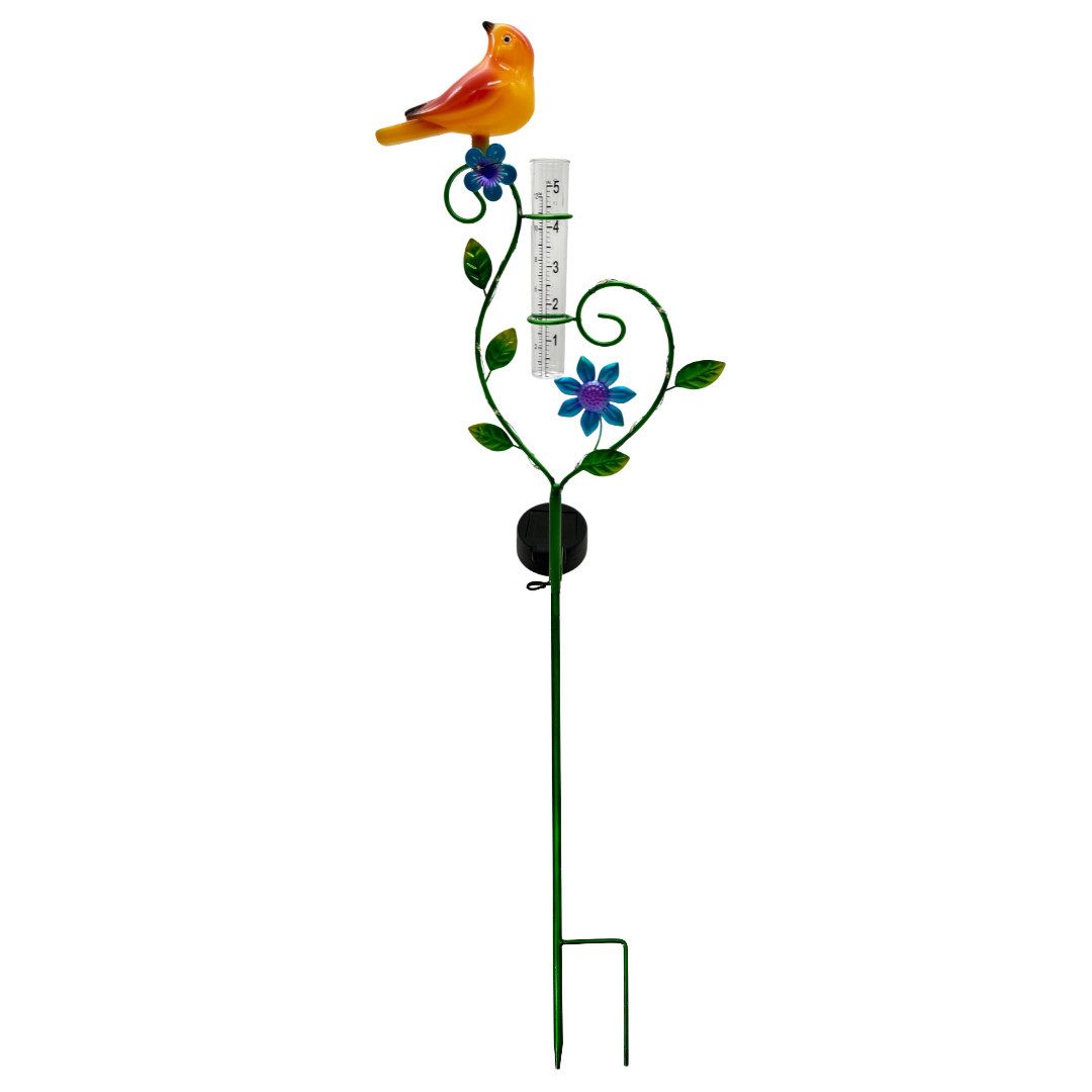 Regenmesser Gartenstecker Vogel, LEDs, Solarpanel, Lichtsensor, 80 cm H