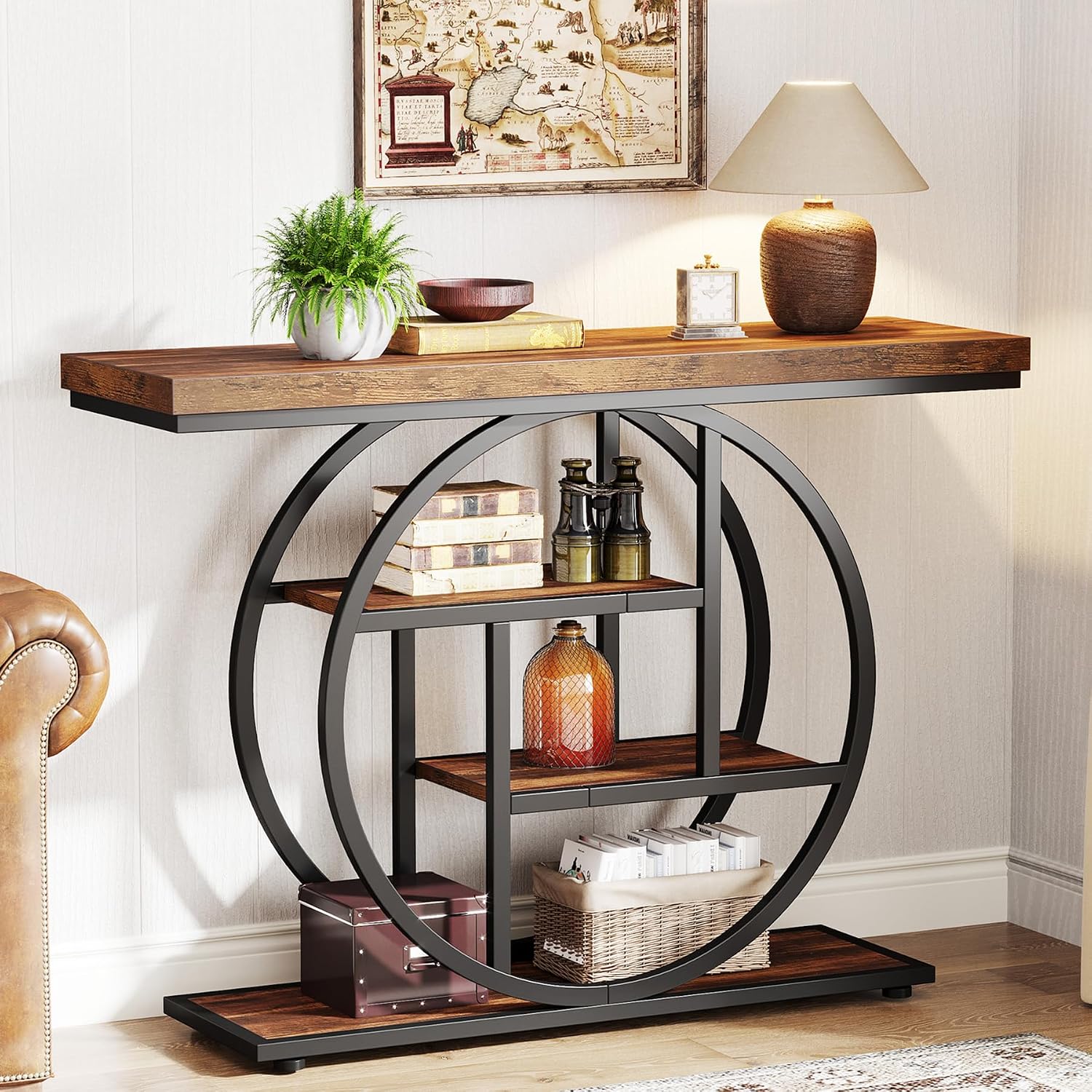 Tribesigns Tavolo consolle stile industriale da 105 cm, per ingresso e divano, a 4 livelli con base circolare, stretto, in legno con ripiani portaoggetti per soggiorno e corridoio