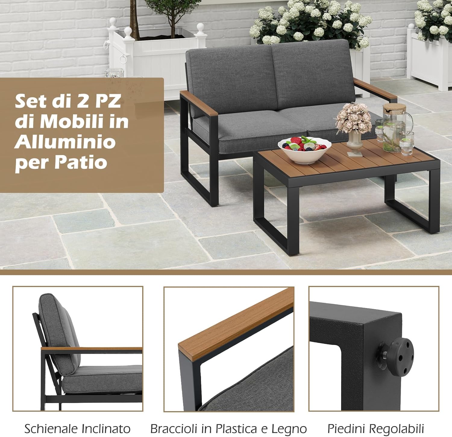 COSTWAY 2 Piece Aluminium Garden Set Garden Table and Armchair Set, Outdoor Conversation Set, Padded Sectional Sofa with Coffee Table, Patio Balcony