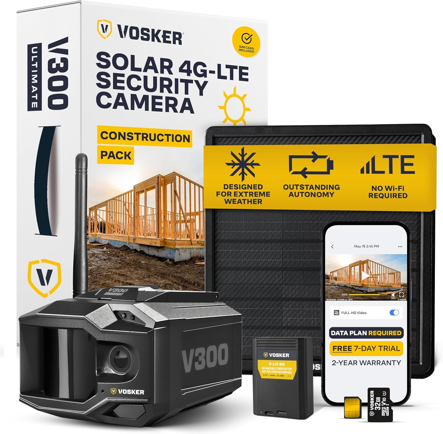 Vosker V300 Ultimate Construction Pack Outdoor Security Camera with External Solar Panel for Remote Construction Sites 4G LTE Black Single Unit with Battery