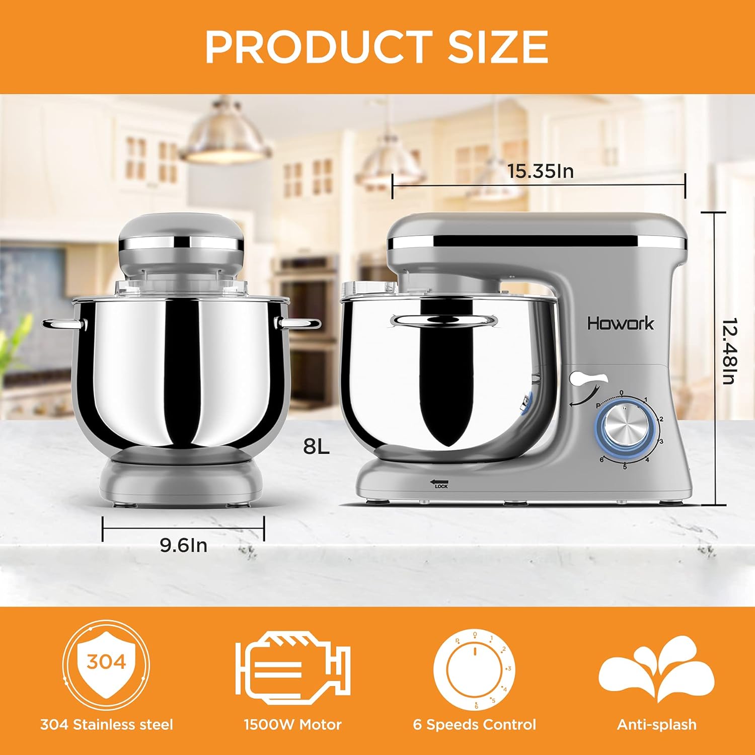 Howork Küchenmaschine Knetmaschine, 1500W leistungsstark 8L Tilt-Head Gerusche Knetmaschine, 6-stufige Geschwindigkeit Teigmaschine mit Rührbesen, Knethaken, Spritzschutz, Schlger (8L, schwarz)…