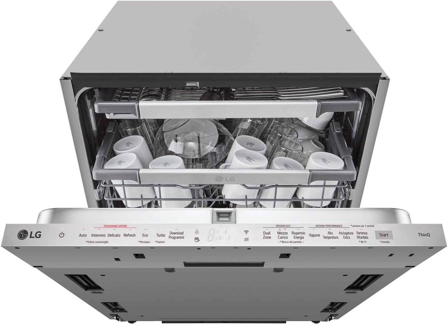 QuadWash DB475TXS Lavastoviglie da Incasso, a Scomparsa Totale, Serie 4, Classe A, 14 Coperti, 4 Bracci Irroratori, Vapore, Cerniere Sliding, Apertura Automatica, 3° Cestello, Wi-Fi, Acciaio