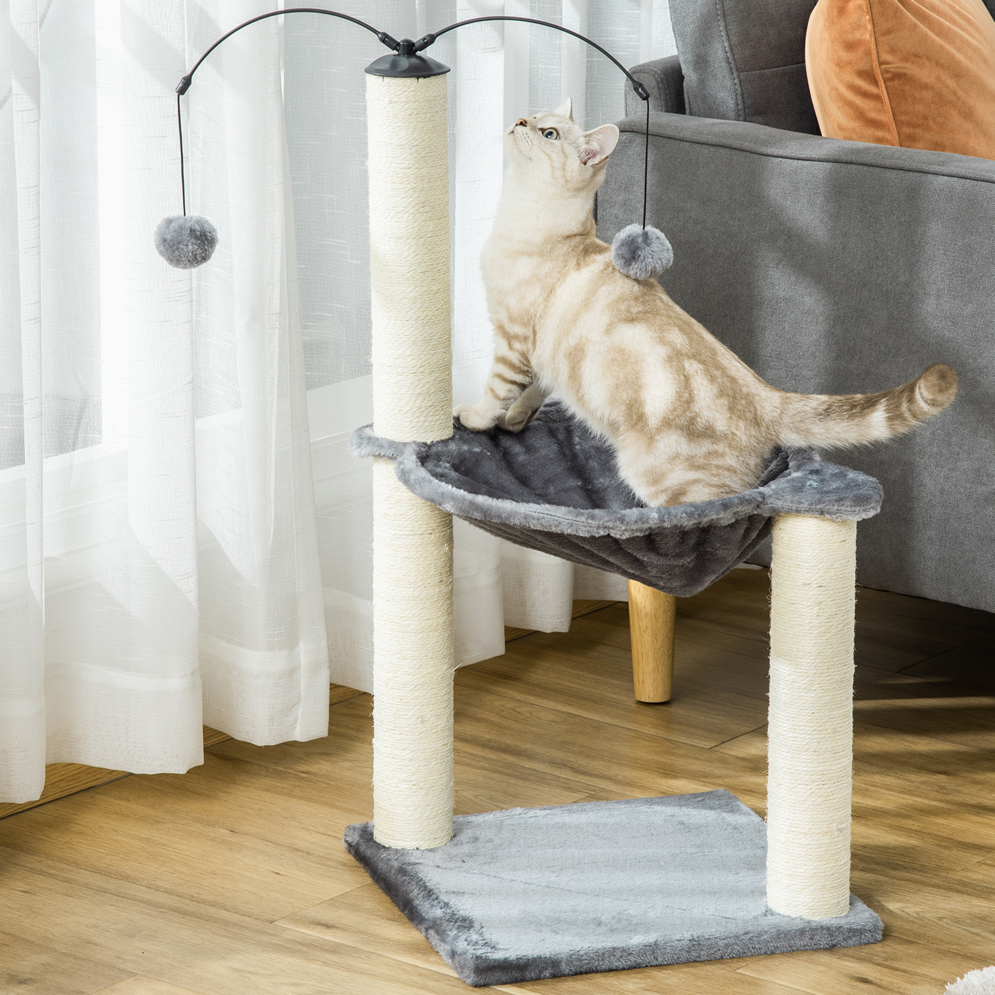 PawHut Kratzbaum mit Hängematte Katzenbaum Kletterbaum für Katzen mit Spin-Ball Grau 39,5x39,5x83 cm
