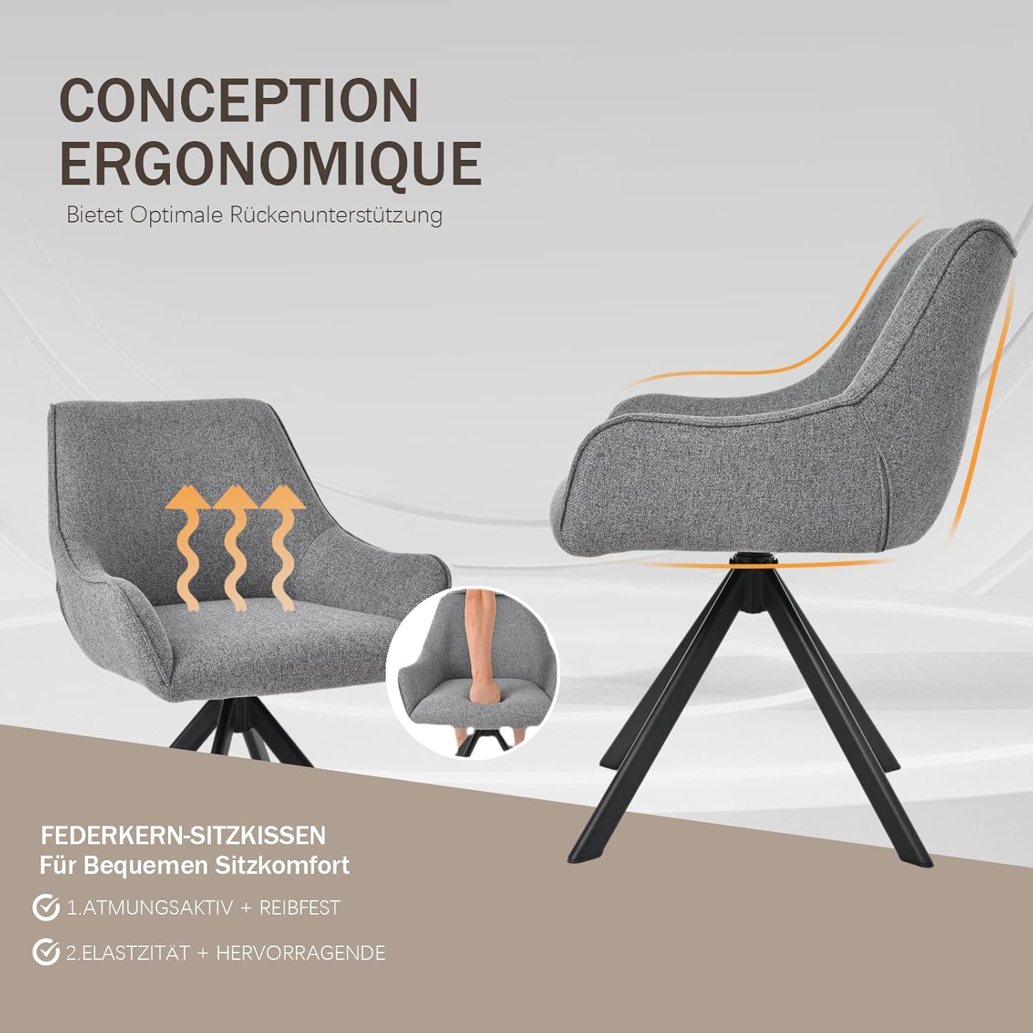 Esszimmerstühle Drehbar 6er Set mit Armlehne – 360°Drehbar Polsterstuhl Leinen Modern Drehstuhl Küchenstuhl mit Metallgestell und Rückenlehne für Esszimmer, Wohnzimmer, Büro, Hellgrau
