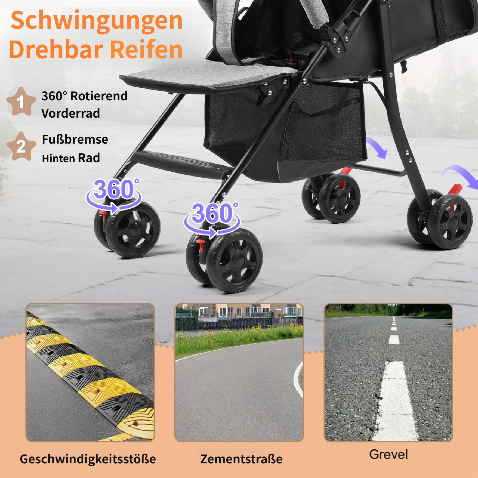 Kinder-Buggy Baby Kinderwagen bis 10 Kg, 0-2 Jahre, Zusammenklappbar, Grau