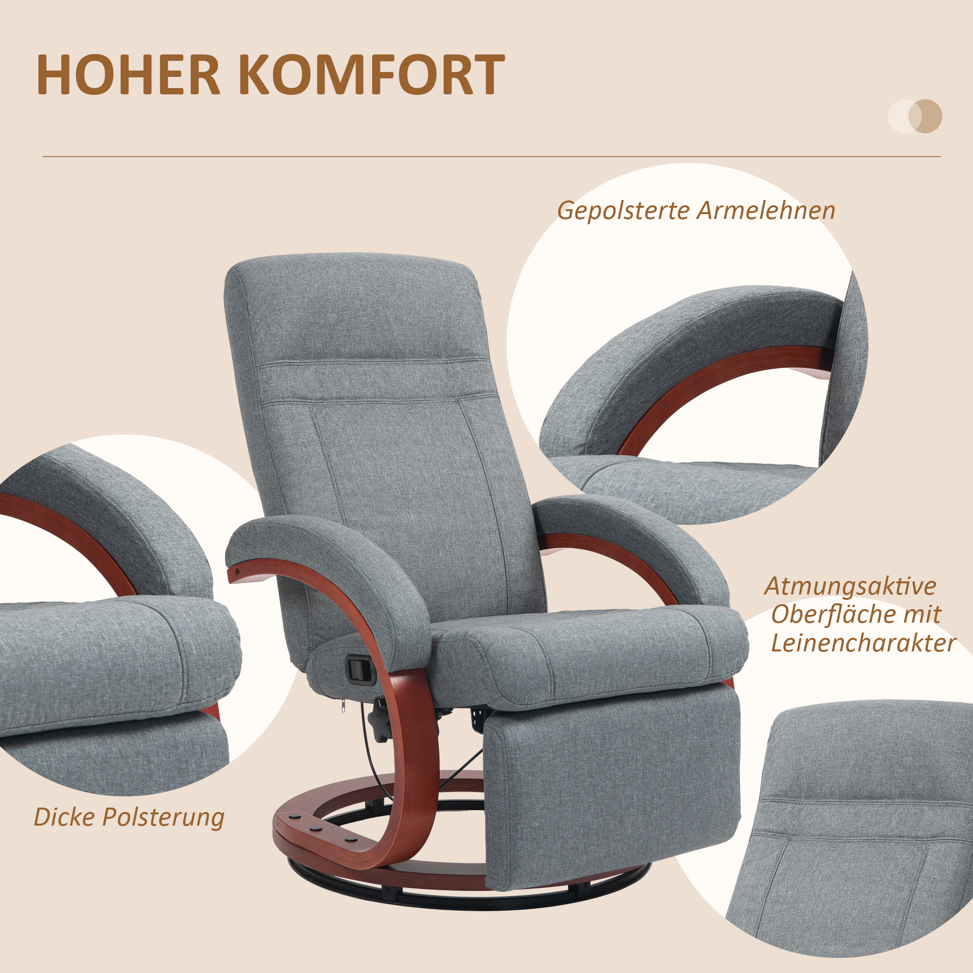 Relaxfauteuil met Opklapbare Voetensteun, Draaibaar, Kantelbare Rugleuning, Linnenlook, Tot 140 kg, Grijs