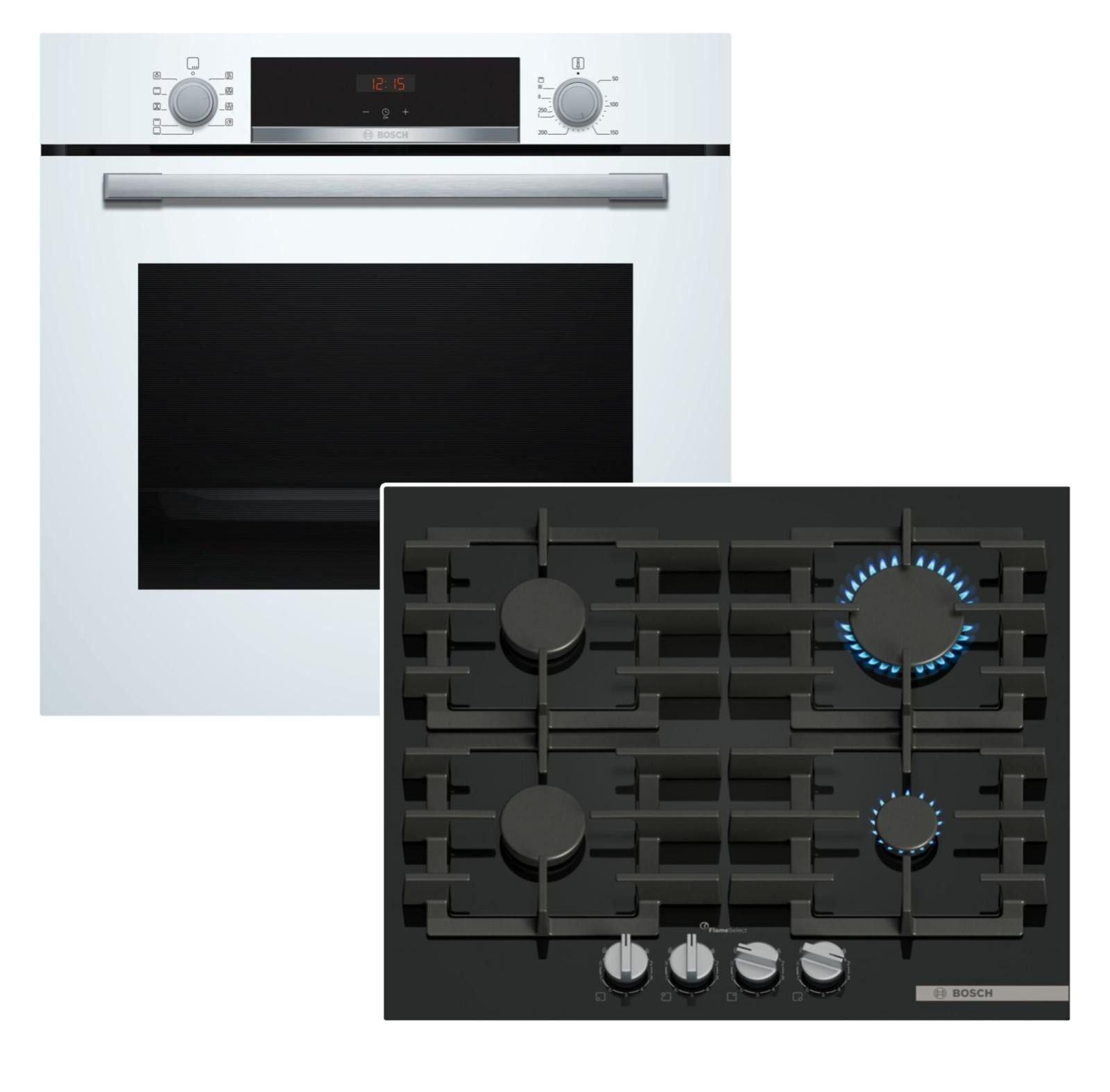 Backofen-Set Gaskochfeld 60cm Weiß Schwarz 71l 3D Heißluft FlameSelect EcoClean A+