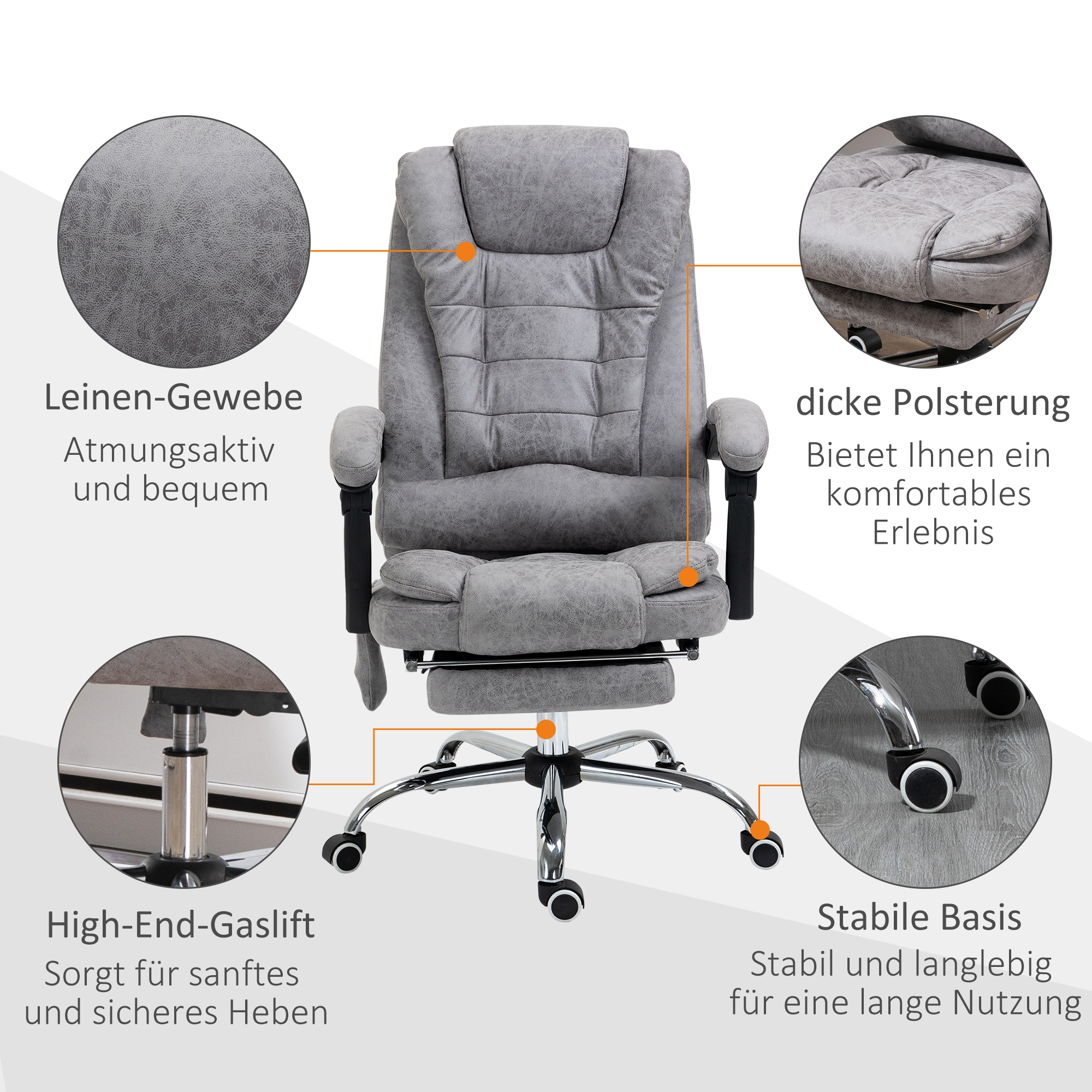 Vinsetto Bureaustoel met Massagefunctie, Ergonomische Bureaustoel met Leun- & Warmtefunctie, Afstandsbediening, Grijs