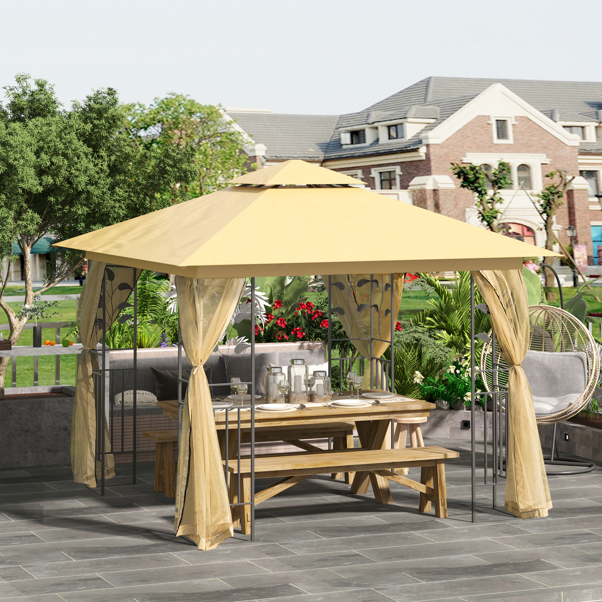 Outsunny Luxus Pavillon 3x3 m Gartenpavillon mit Doppeldach Partyzelt mit Seitenteilen Festzelt Gartenzelt Pagode Beige