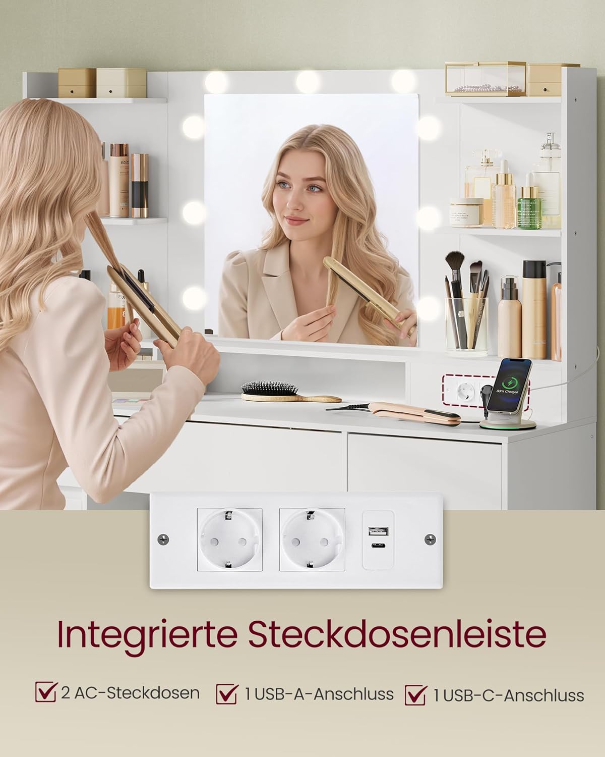 VASAGLE Kailyn Kollektion - Schminktisch mit Spiegel und LED-Leuchten, Steckdosenleiste, 9 Schubladen, 9 dimmbare Glühbirnen, 3 Lichtfarben, werkzeuglose Gleitschienen, wolkenweiß RDT141WB02