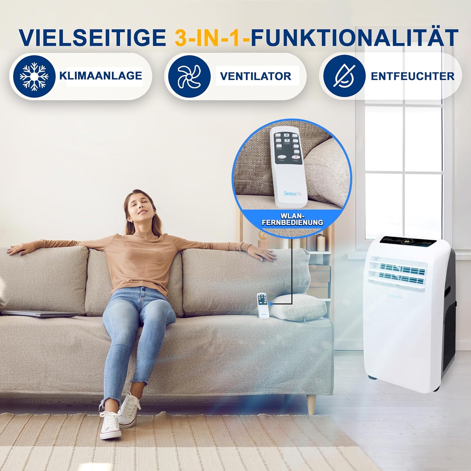 SereneLife Klimaanlage mobil, 3-in-1 mobiles Klimagert mit Abluftschlauch - Luftkühler, Luftentfeuchter & Ventilator, air conditioner 9.000 BTU, 1,5 L Feuchtigkeit/Stunde, kühlt Rume bis 42 m