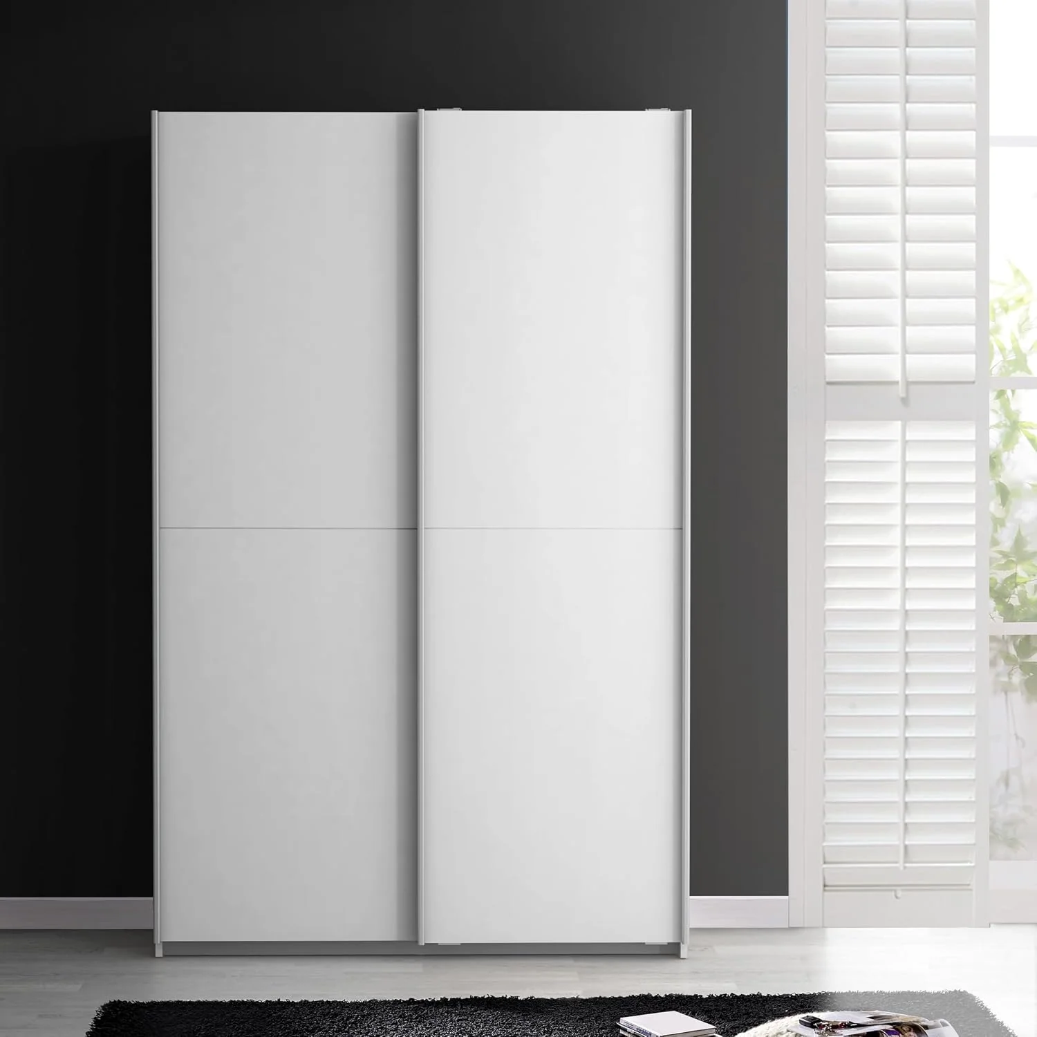 FORTE Ohio 40 weißer Mehrzweckschrank modern, 2-türig mit Einlegeböden, 120 cm breit x 42 cm tief x 190,5 cm hoch, Schwebetürenschrank, Holzwerkstoff