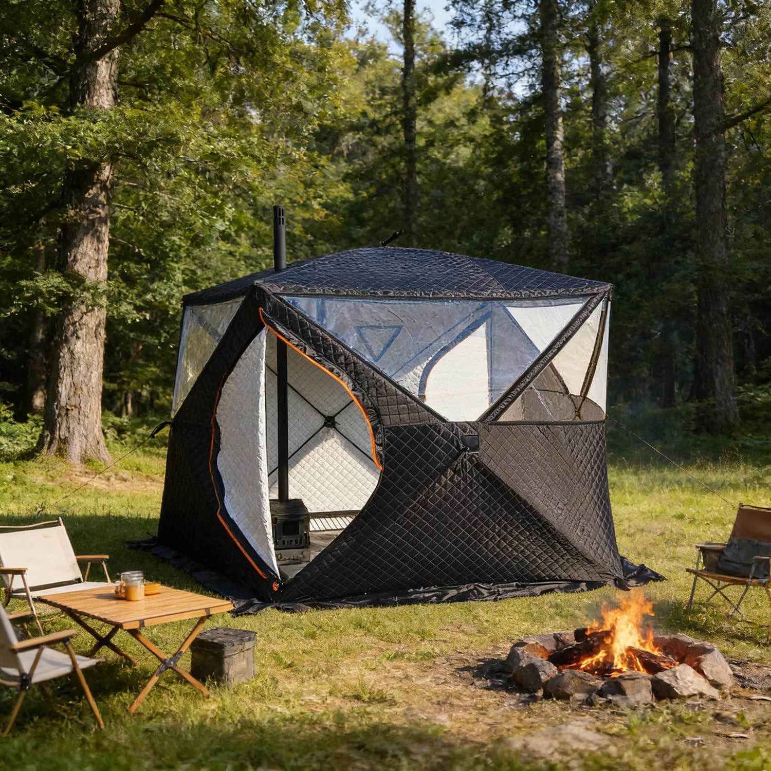 Isoliertes Eisangelzelt für 3–4 Personen mit wasserdichtem Boden & Angelmatte, Pop-up Eisangelhütte aus 210D Oxford, Zelt mit Ofenöffnung, Winter Angelzelt/Saunazelt