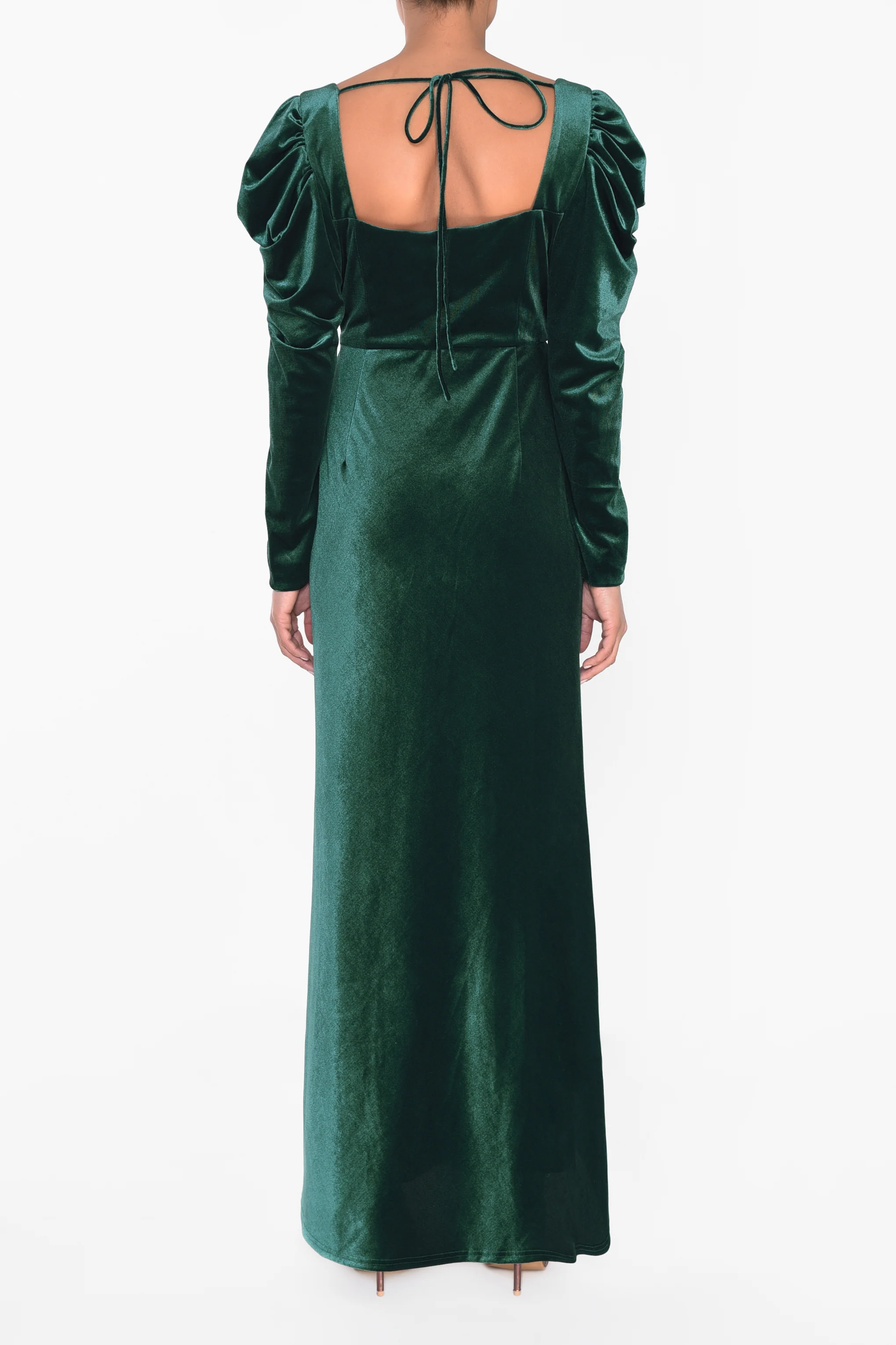 Emerald Green Velvet Maxi Dress with Extravagant Shoulders