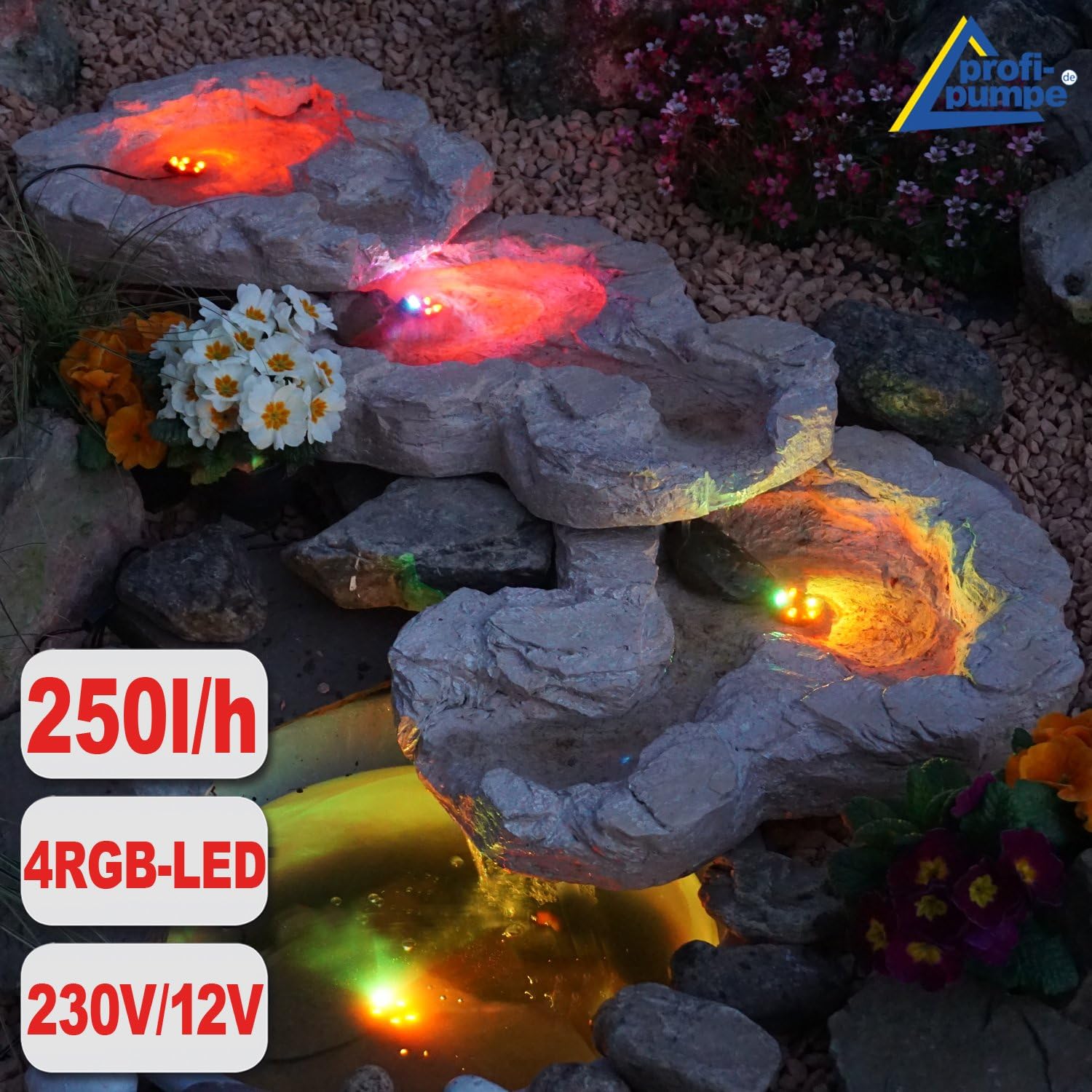 Solar GARTENBRUNNEN Bachlauf QUELLBACH II mit LED-Licht/Hybrid-System, 230V ZIERBRUNNEN VOGELBAD Wasserfall GARTENLEUCHTE TEICHPUMPE - SPRINGBRUNNEN WASSERSPIEL für Garten, Gartenteich, Teich