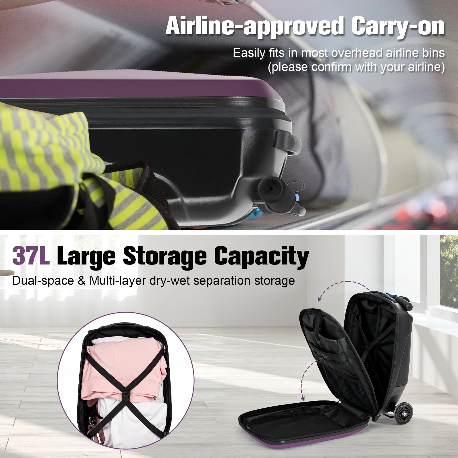 Advwin Scooter Luggage for Kids & Adults, Hardside Ride on Suitcase for Kids Ages 4-15 Multifunctional Lightweight Foldable Carry on Luggage with Wheels Ride on for Children Teenagers, Pink